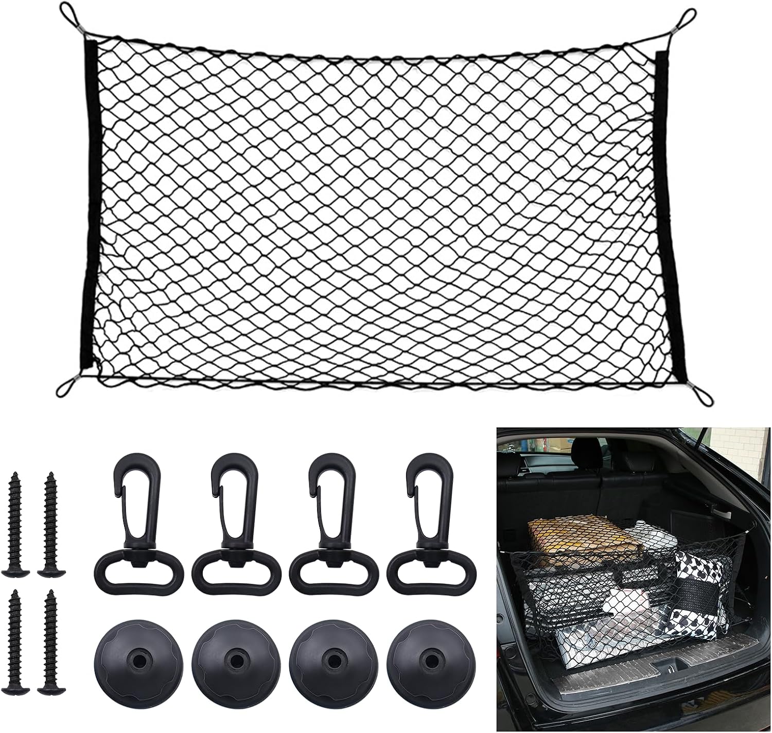 Kofferraum-aufbewahrungsnetz 110 × 60 Cm – Elastisch Mit 4 Haken – Passend Für Die Meisten Autos