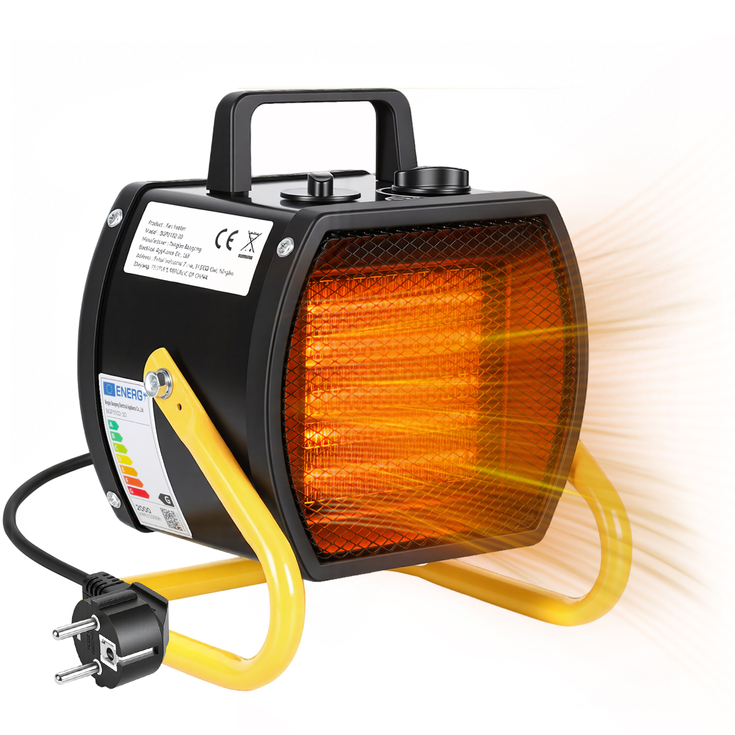Jiubiaz Elektrischer Heizlüfter 2000 W, 3 Stufen, Thermostat Bis 85 °c, Bis Ca. 20 M², Schwarz Und Gelb