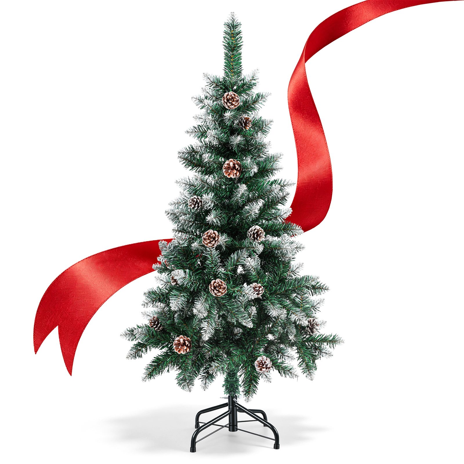 Jiubiaz 120cm Künstlicher Weihnachtsbaum Mit 180 Spitzen Pvc, Tannenbaum Mit Ständer, Christbaum Kunstbaum Mit Tannenzapfen Und Schnee Grün