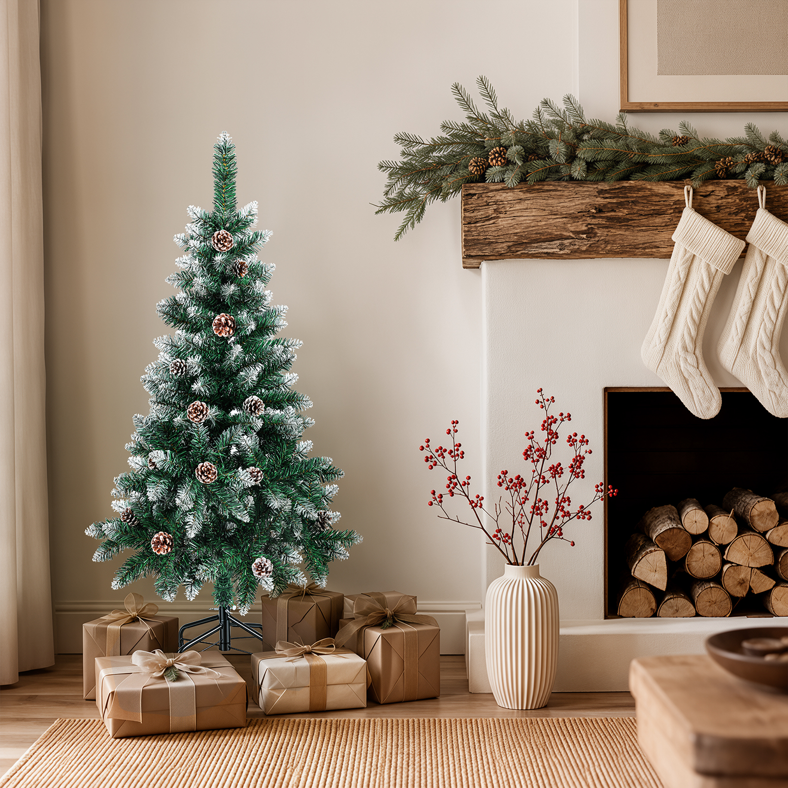 Jiubiaz Künstlicher Weihnachtsbaum 120 Cm Grün Mit 15 Tannenzapfen Und Schnee-effekt, 180 Zweigspitzen, Pvc, Metallständer