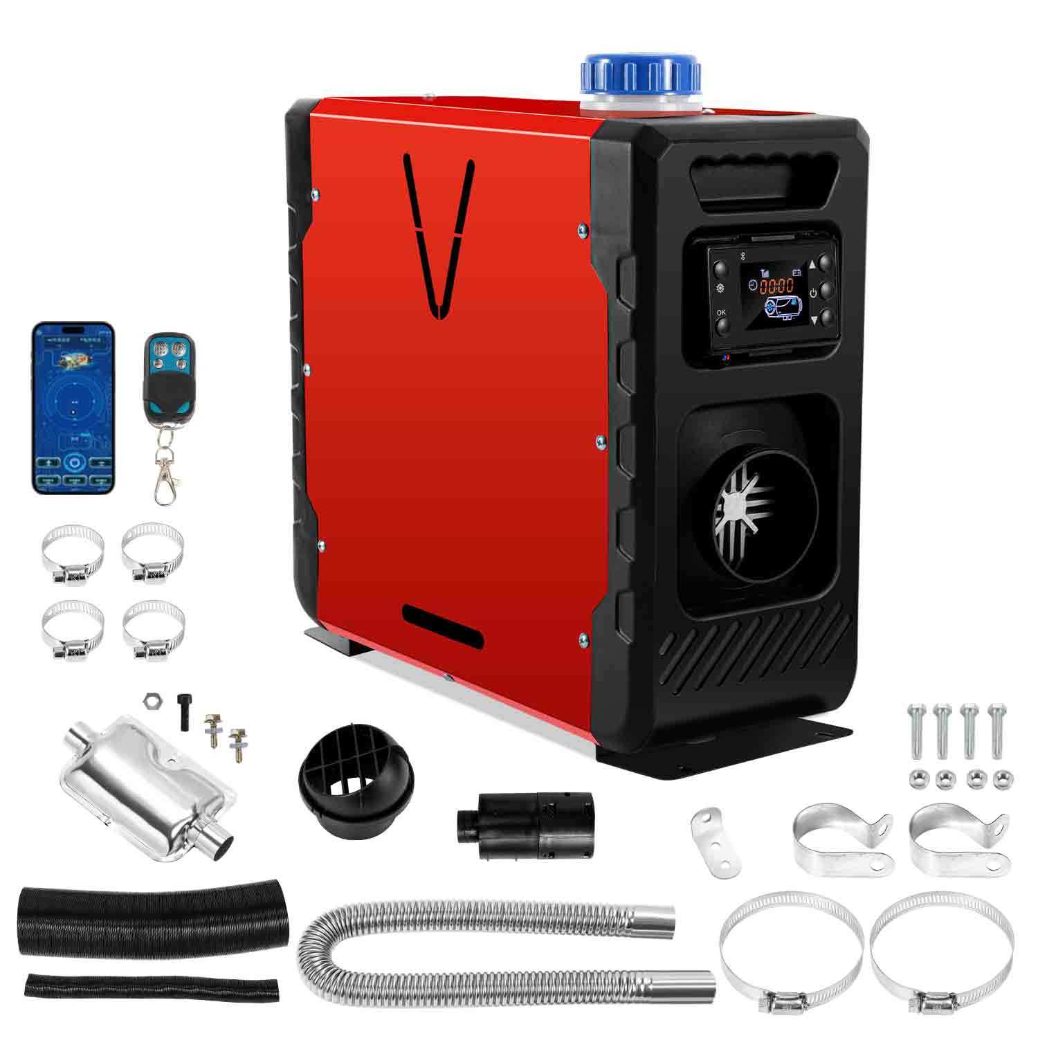 Jiubiaz 12/24 V Diesel Standheizung 8 Kw 1-auslass Luftheizung Dieselheizung Air Heater Bluetooth App Lcd Fernbedienung Für Auto Lkw Wohnmobil Camper Rot