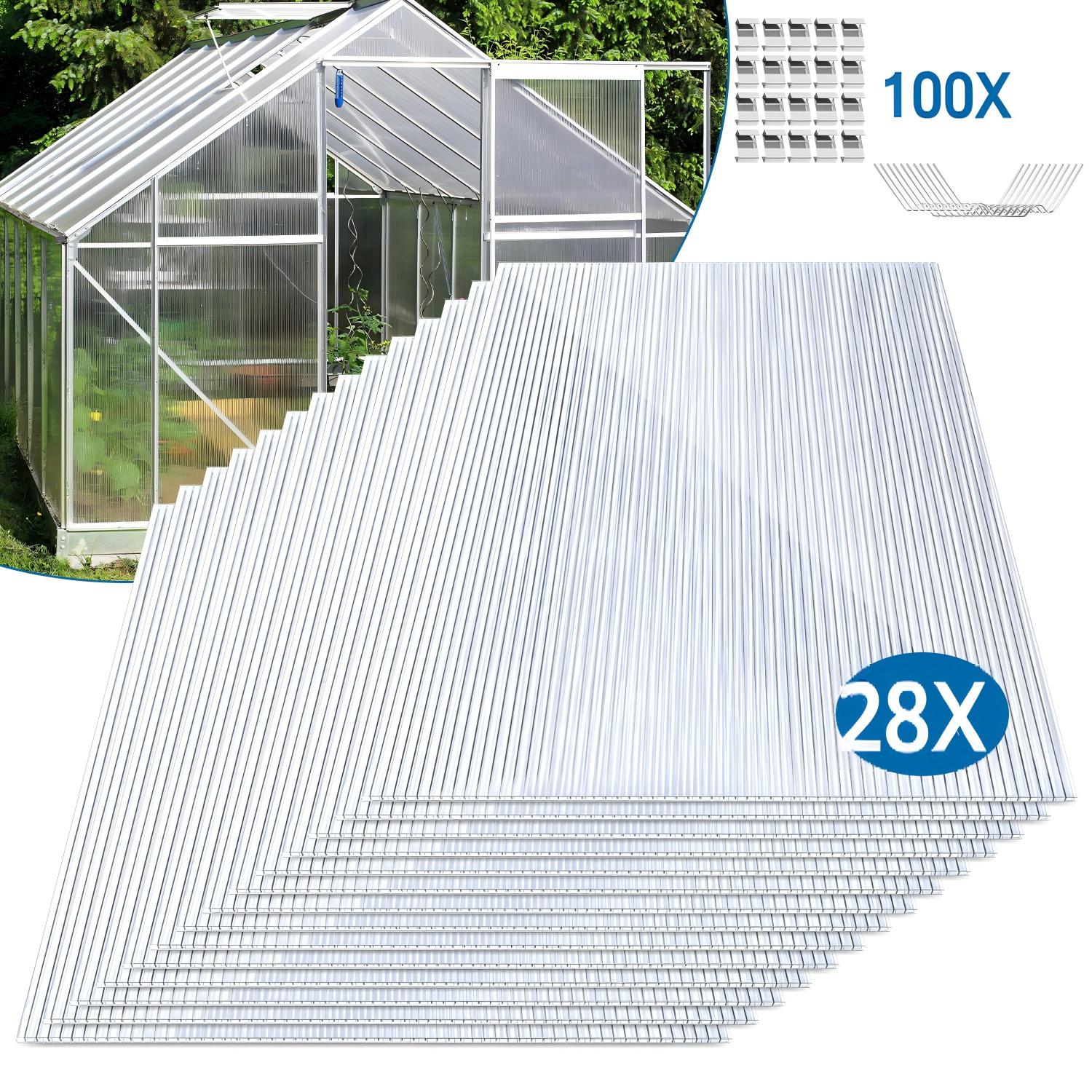 Jiubiaz 28x Polycarbonat Hohlkammerplatten 4mm Mit 100 Edelstahl Gewächshausklammern Transparent Hohlkammerstegplatten Uv-beständigen Für Gewächshaus Carports