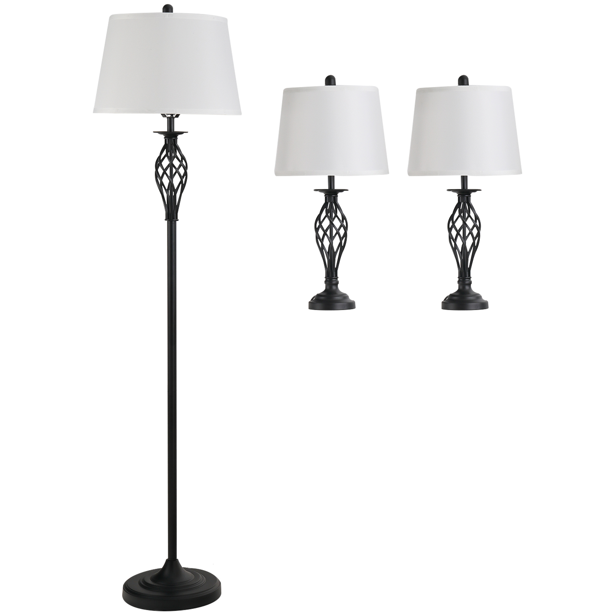3er Lampenset: 2 Tischlampen + 1 Stehlampe, Vintage, Schwarz/weiß, Metall