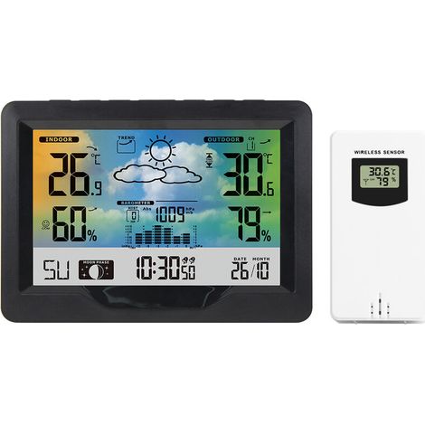 Drahtlose Wetterstation, Farbdisplay Für Innen- Und Außenbereich, Wettervorhersagestation Mit Außensensor, Digitale Temperatur- Und Feuchtigkeitsanzeige Mit Wecker, Mondphasenanzeige Und Hintergrundbe