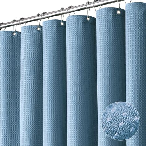 Langer Duschvorhang Aus Stoff – Neutraler Und Robuster Waffelpiqué-duschvorhang Fürs Badezimmer – Langlebig Mit 12 Haken, 180 X 200 Cm, Blau