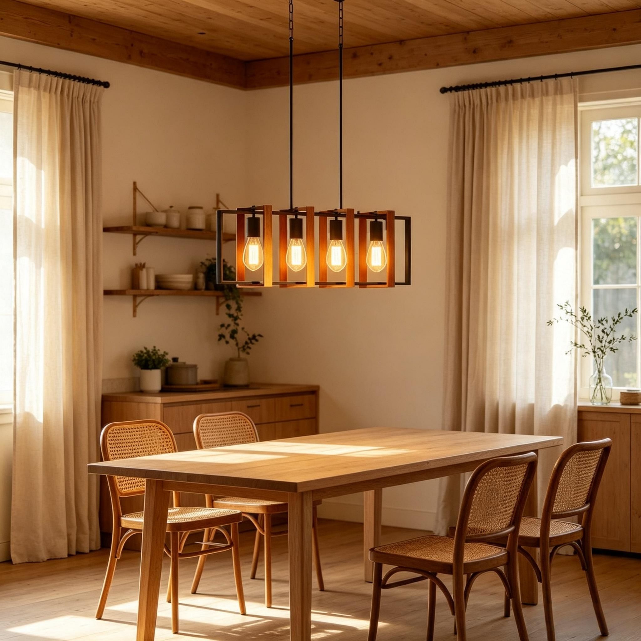 Moderne Decken-pendelleuchte Mit 4 Schwenkbaren Holzrahmen, Höhenverstellbar