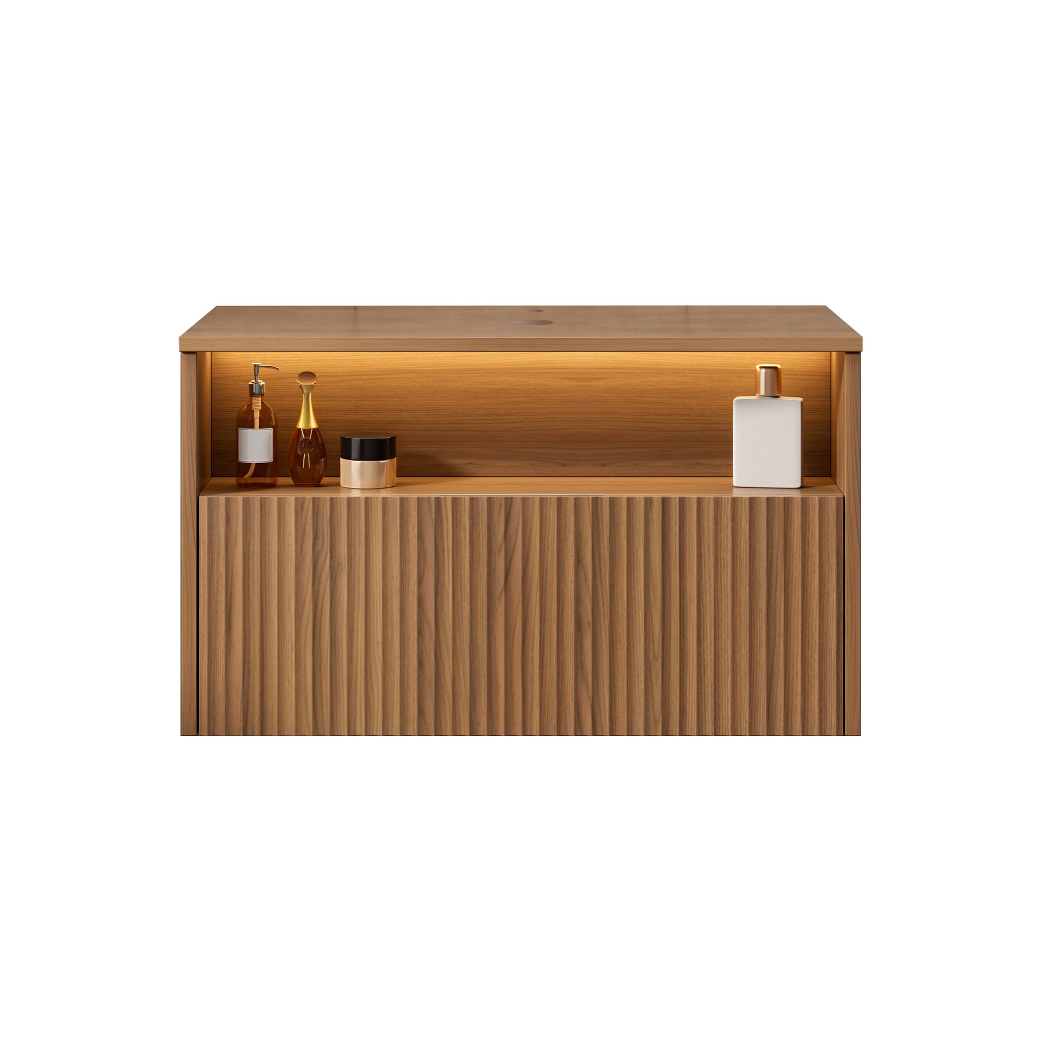 80cm Mina Wand-badezimmerschrank, Sperrholz Mit Schublade, Ohne Waschbecken, Eiche Braun