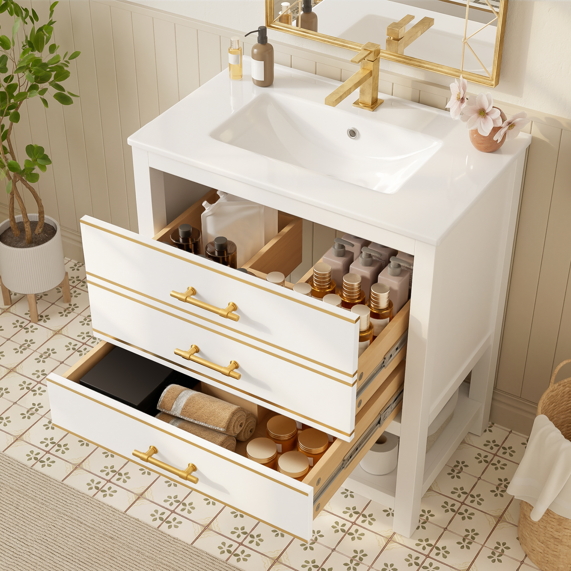 Waschtischunterschrank Mit Keramikbecken, Freistehend, 2 Schubladen + Offenes Fach, Mdf, Weiß, Ohne Hahn