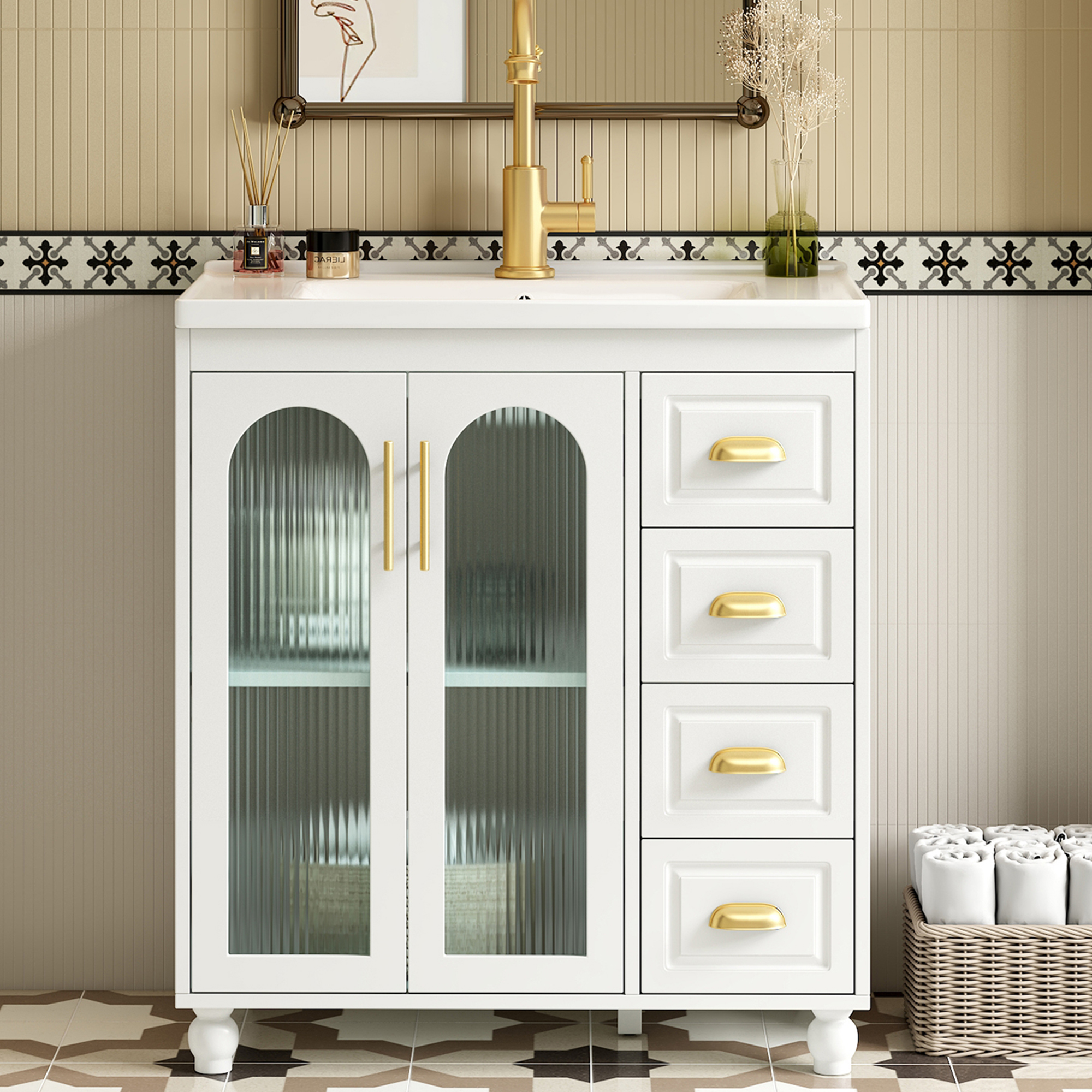Badmöbel Einzelwaschtisch Mit Unterschrank 80 Cm, Keramik-waschbecken, Weiß