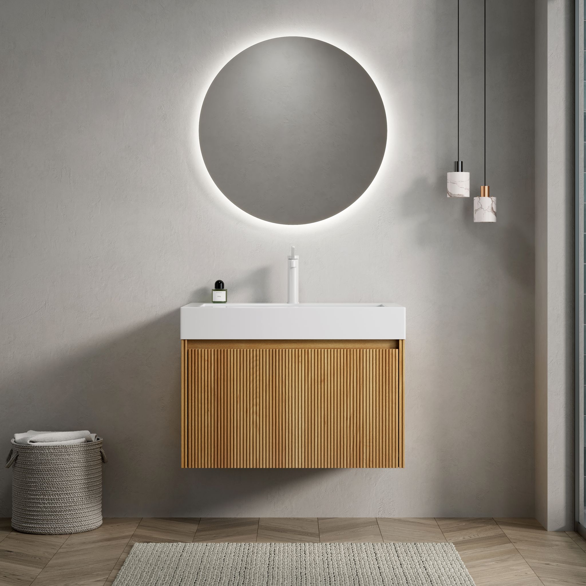 Wandmontierter Waschtisch 70 Cm Mit Weißem Rechteck-resinbecken, Sperrholz Schublade, Eiche, Vormontiert