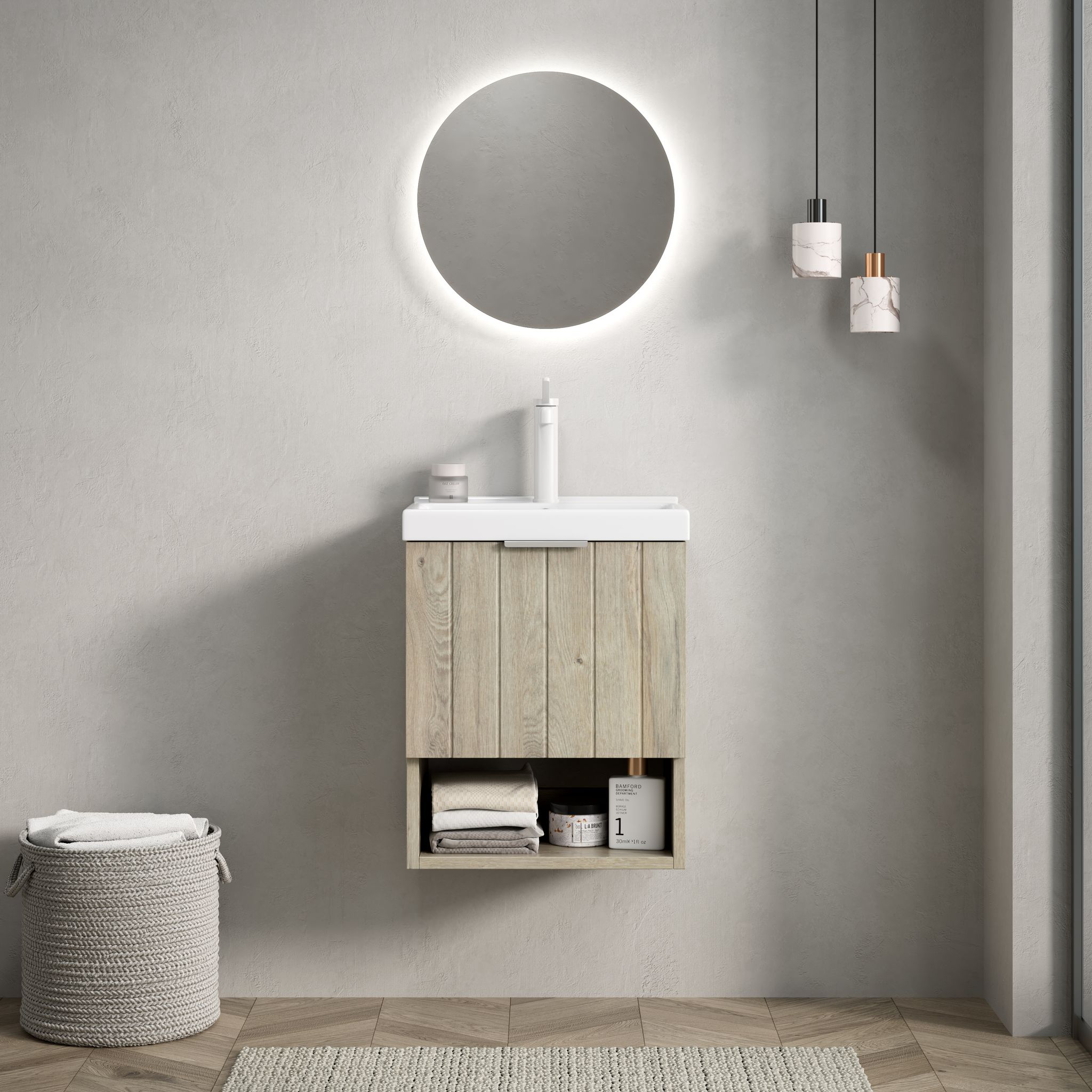 42cm Wand-waschtisch, Rechteckiges Keramikwaschbecken, Schrank Mit 2 Türen & Regal, Eiche Creme