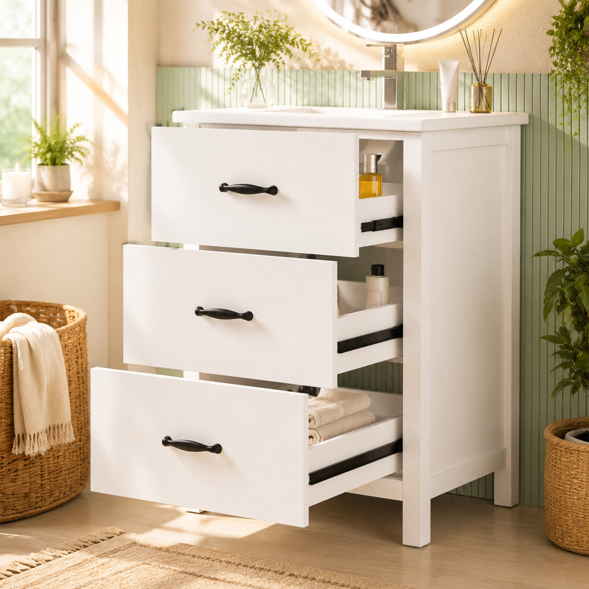 Freistehender Waschtisch 61x47x83 Cm Mit Keramikbecken, Weiß, Drei Schubladen, Soft-close