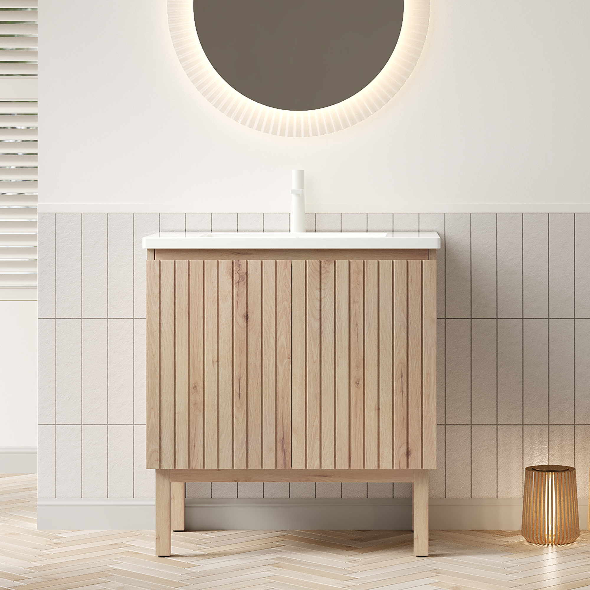 Niko 80cm Freistehender Waschtisch, Integriertes Keramikbecken, Schrank Mit 2 Türen & Regal, Eiche Weiß