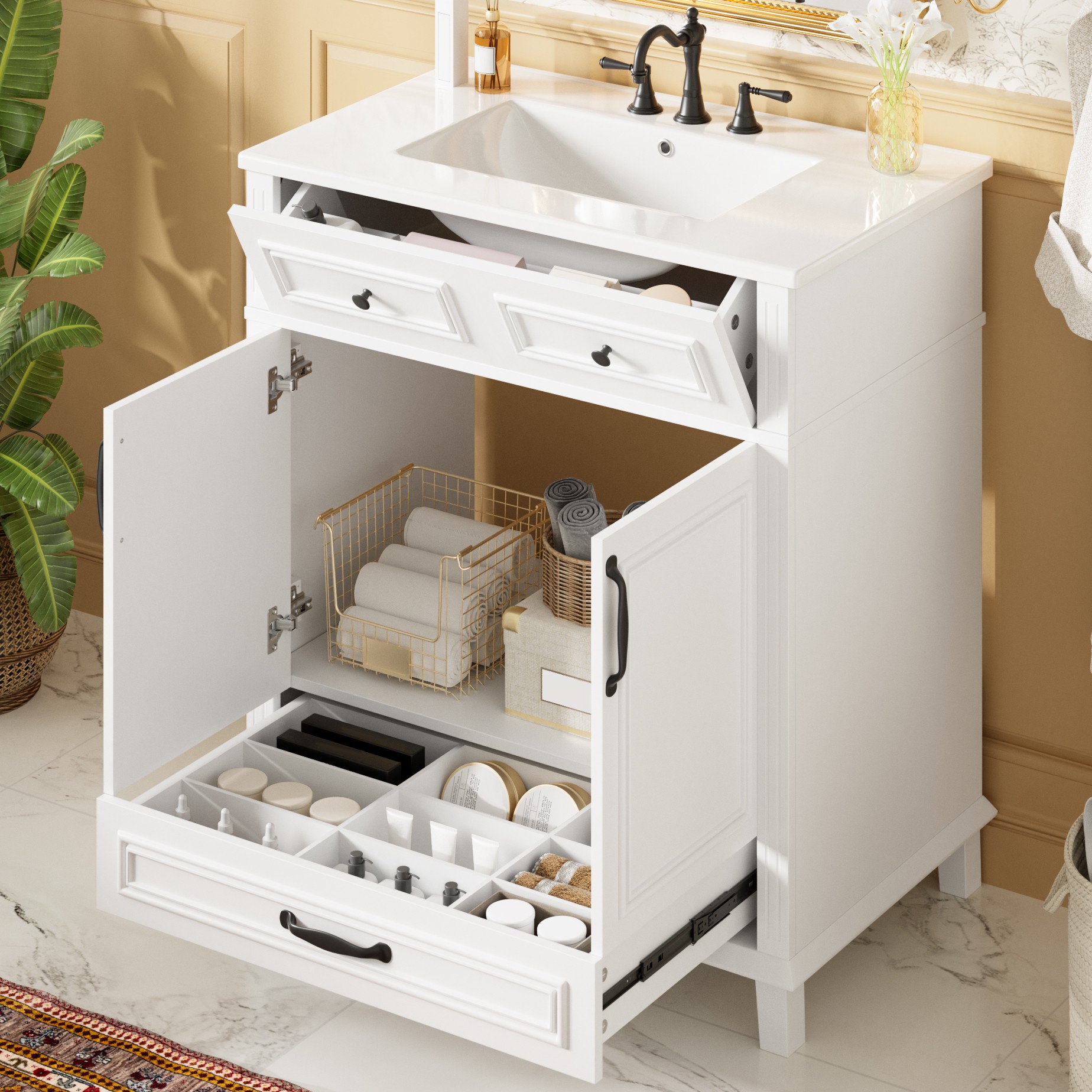 Freistehender Waschtisch 77x46x86 Cm Mit Keramikbecken, Weiß, Doppeltürschrank, Soft-close