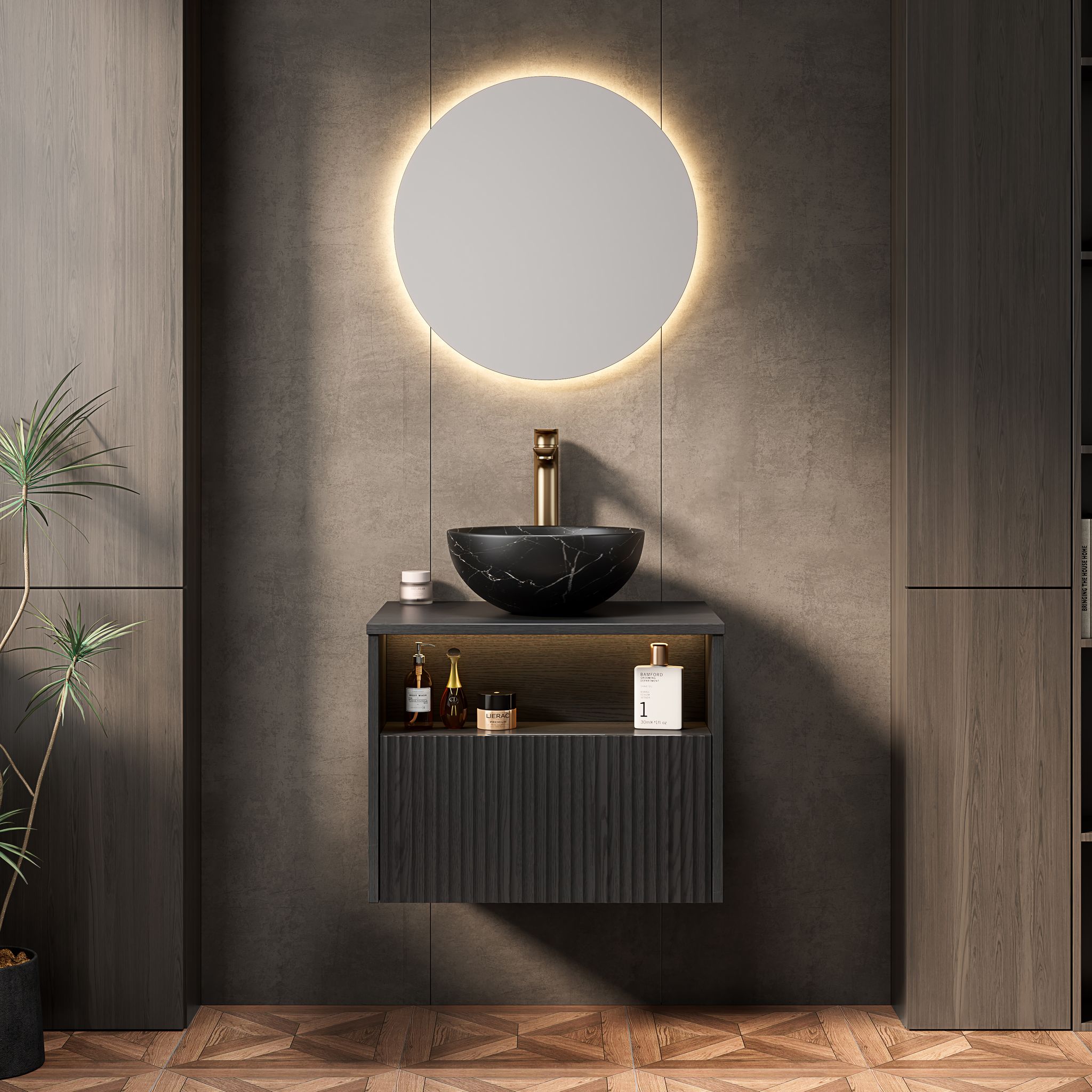 60 Cm Schwebendes Waschbecken Schwarz Mit Keramik-schüssel, Schublade & Led-regal, Sperrholz