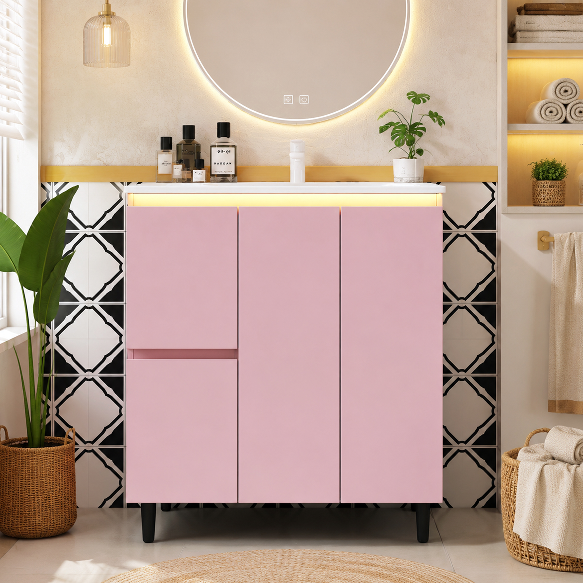 Freistehender Badezimmerwaschtisch 76x47x89 Cm Mit Led, Keramikbecken, Rosa, 2 Schubladen