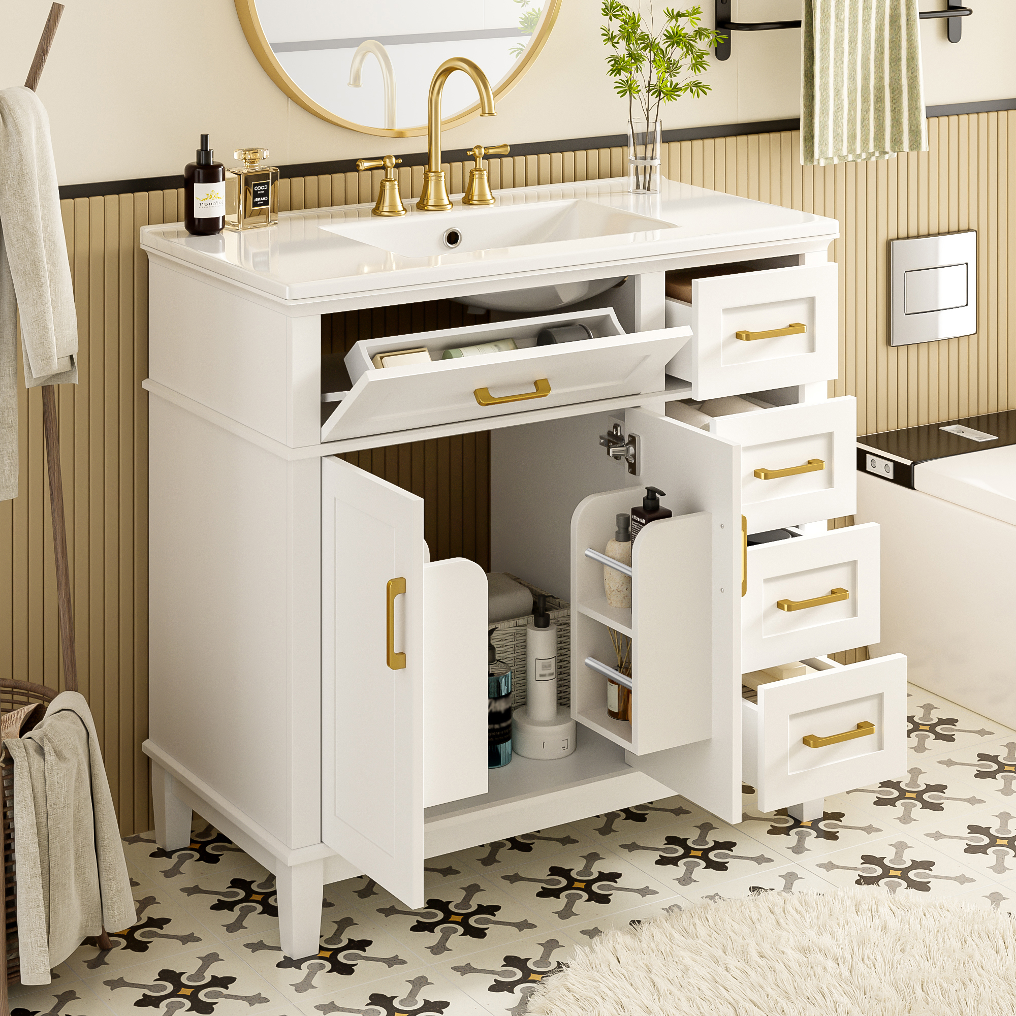 Badezimmer-standschrank 90x46x87 Cm Mit Keramikwaschbecken, Weiß, Massivholzbeine, Goldgriffe