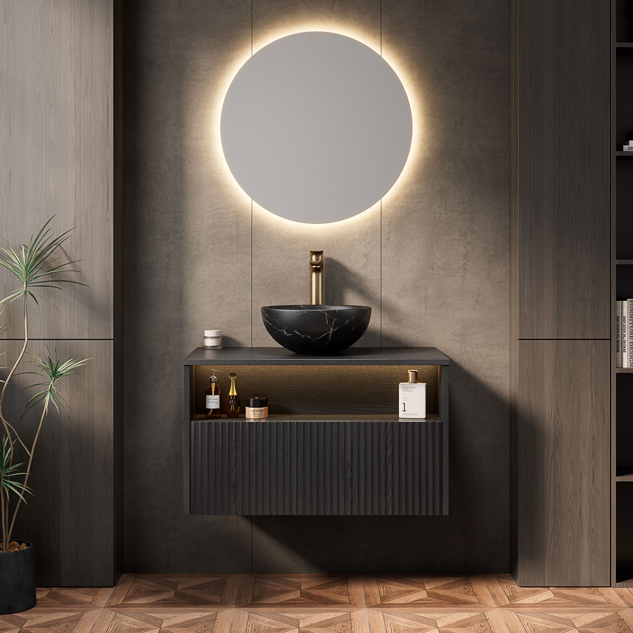 80 Cm Schwebendes Waschbecken Schwarz Mit Keramik-schüssel, Schublade & Led-regal, Sperrholz
