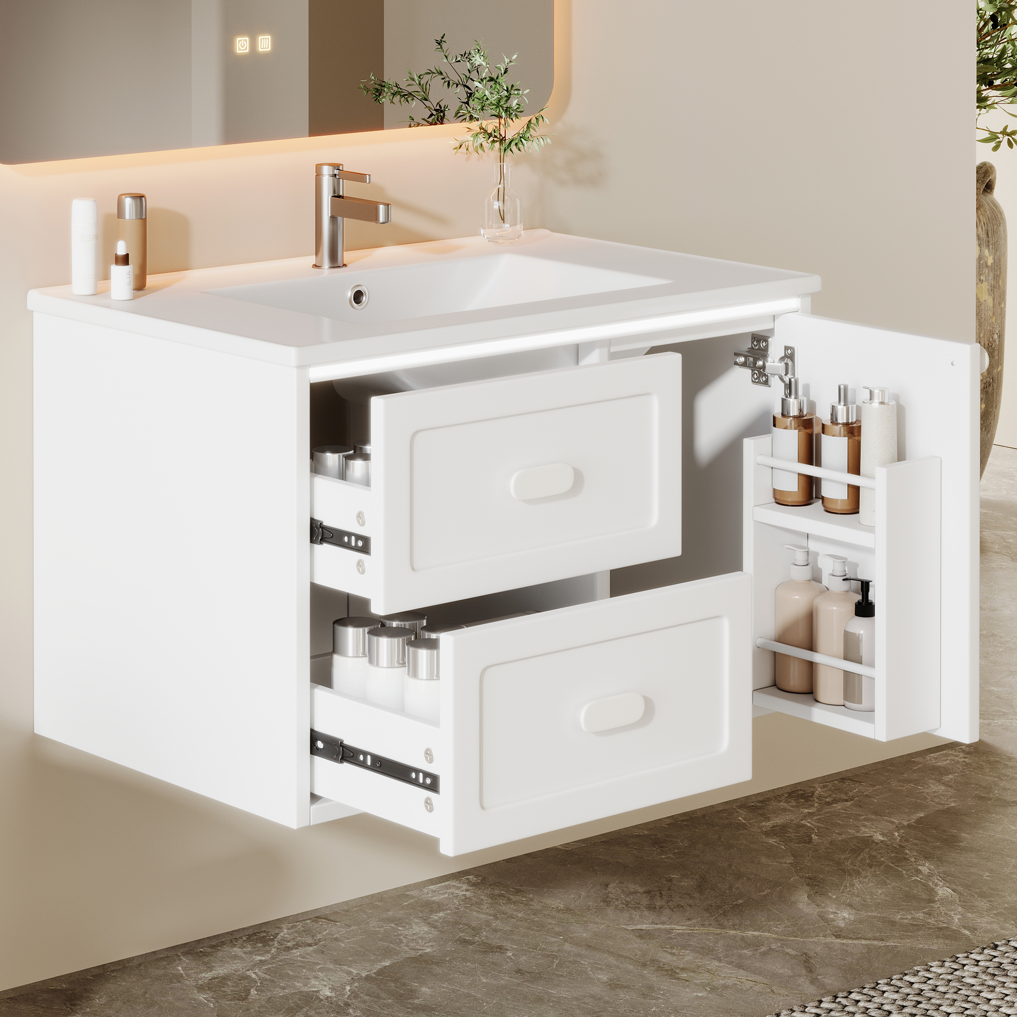 76 Cm Badezimmer-hängeschrank Weiß Mit Led-beleuchtung, 2 Schubladen & Waschbecken