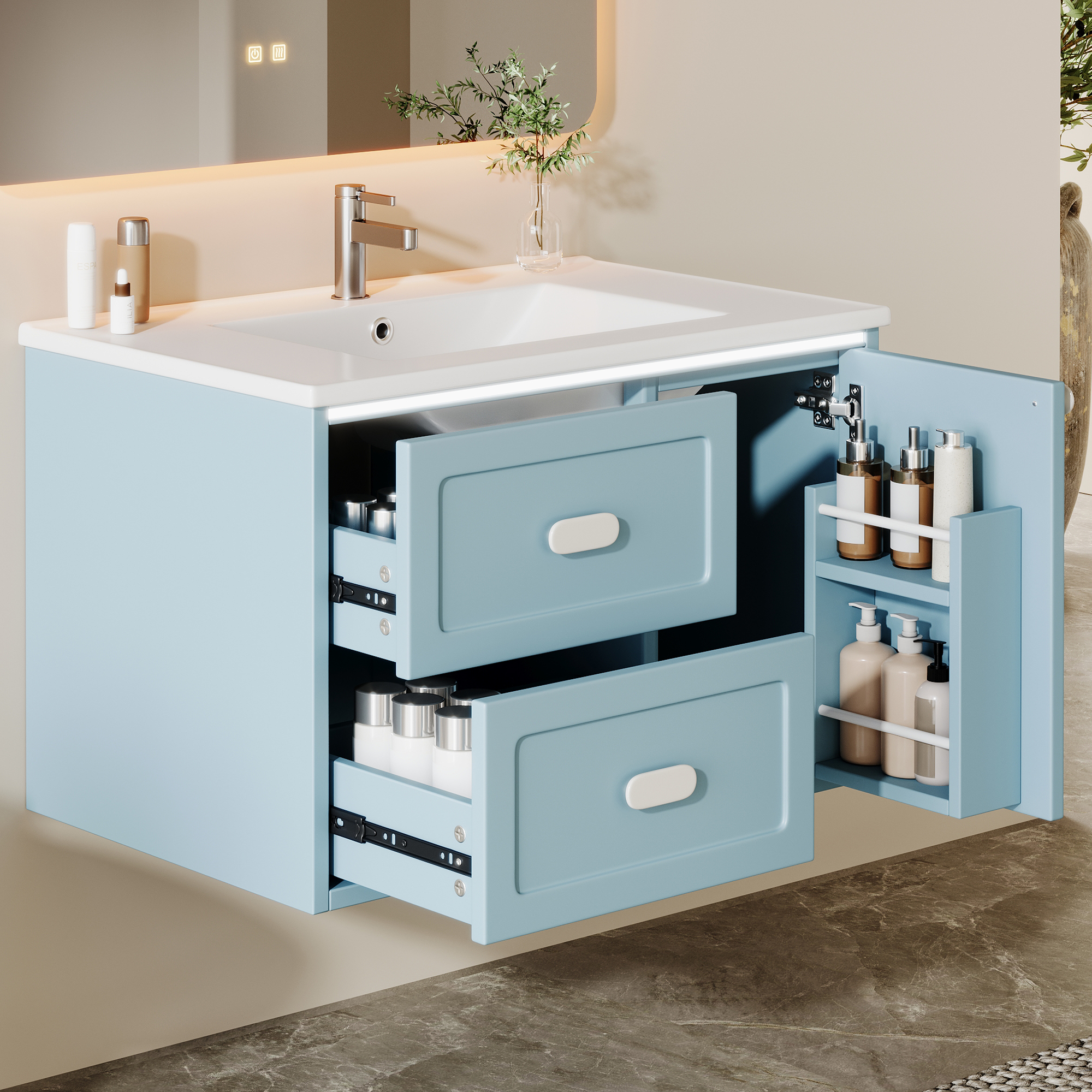 76 Cm Badezimmer-hängeschrank Blau Mit Led-beleuchtung, 2 Schubladen & Waschbecken