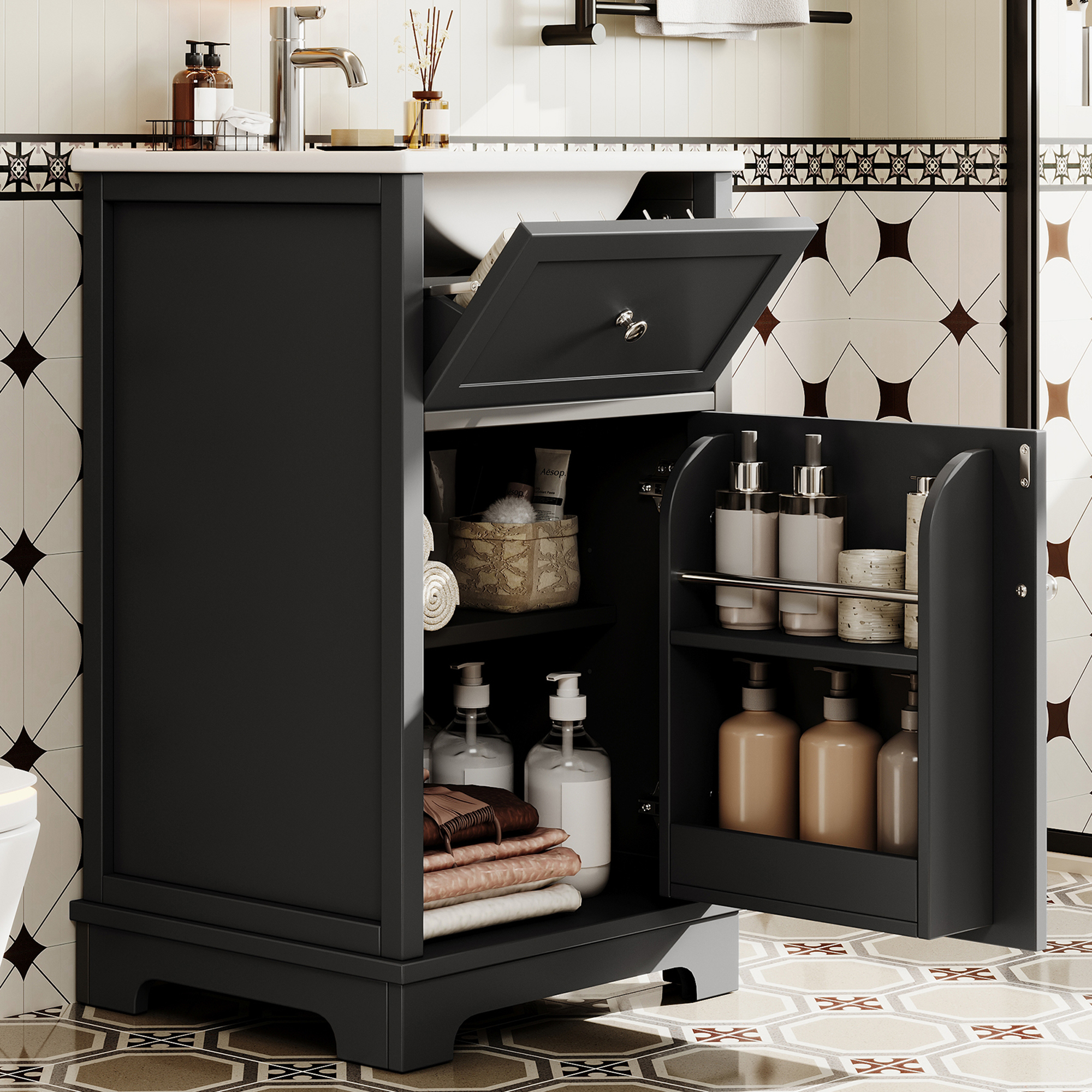 51x46x87cm Mdf-waschtisch, Lackiert, Mit Schublade & Regal, Integriertes Waschbecken, Schwarz