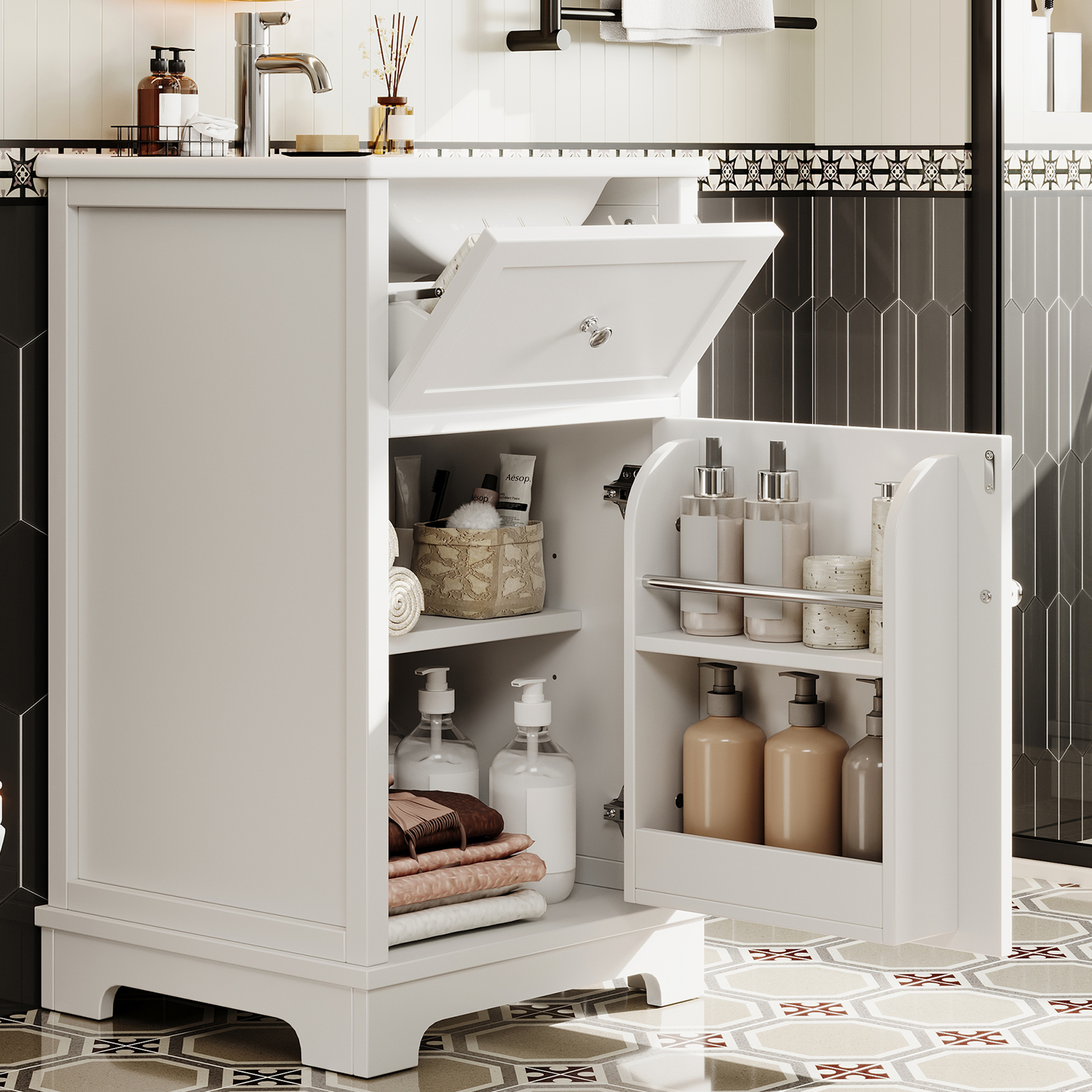 51 Cm Mdf-waschtisch Weiß Mit Schublade, Regalen & Integriertem Waschbecken, Freistehend