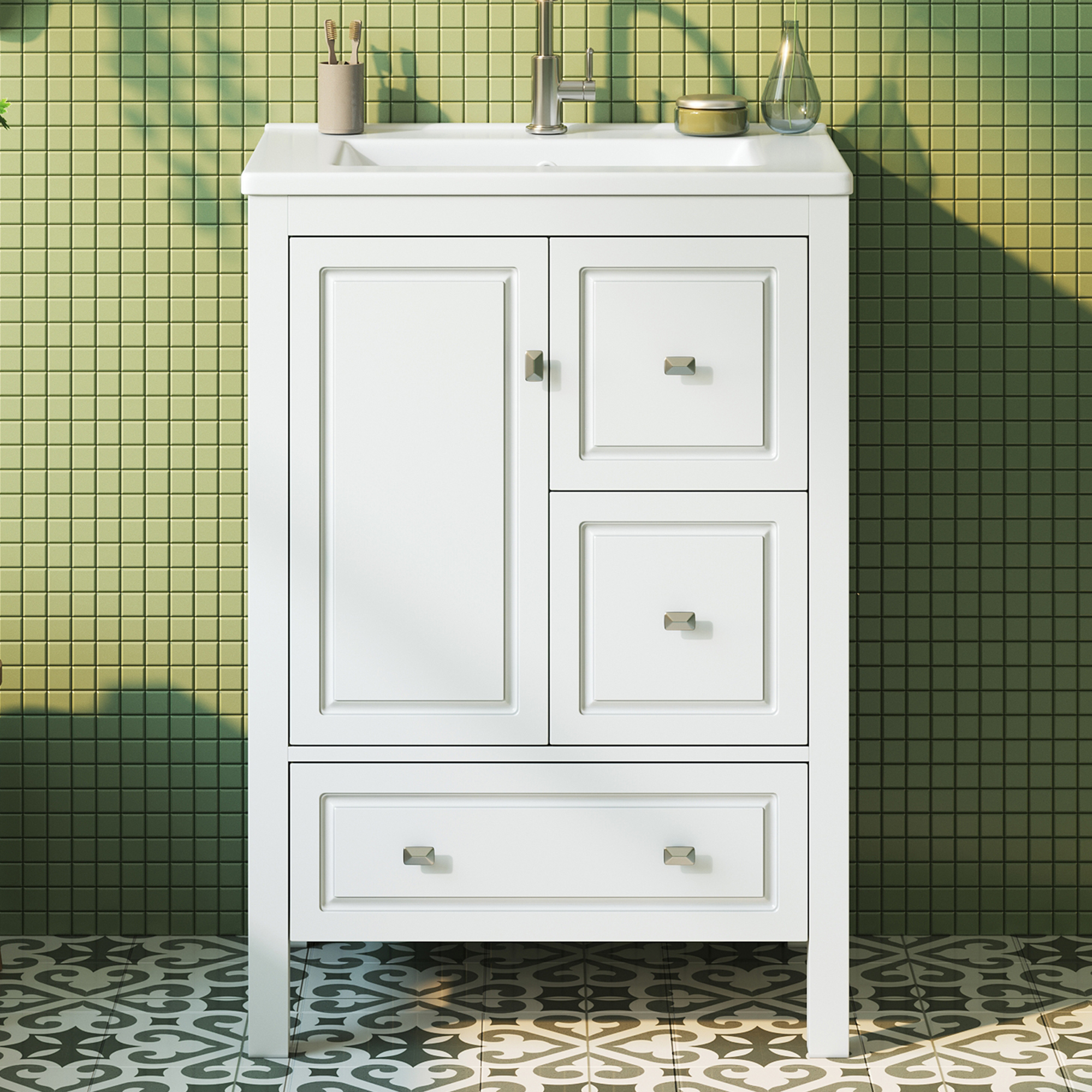 62 Cm Freistehender Badezimmerwaschtisch Weiß Mit Keramikbecken, Soft-close & Viel Stauraum
