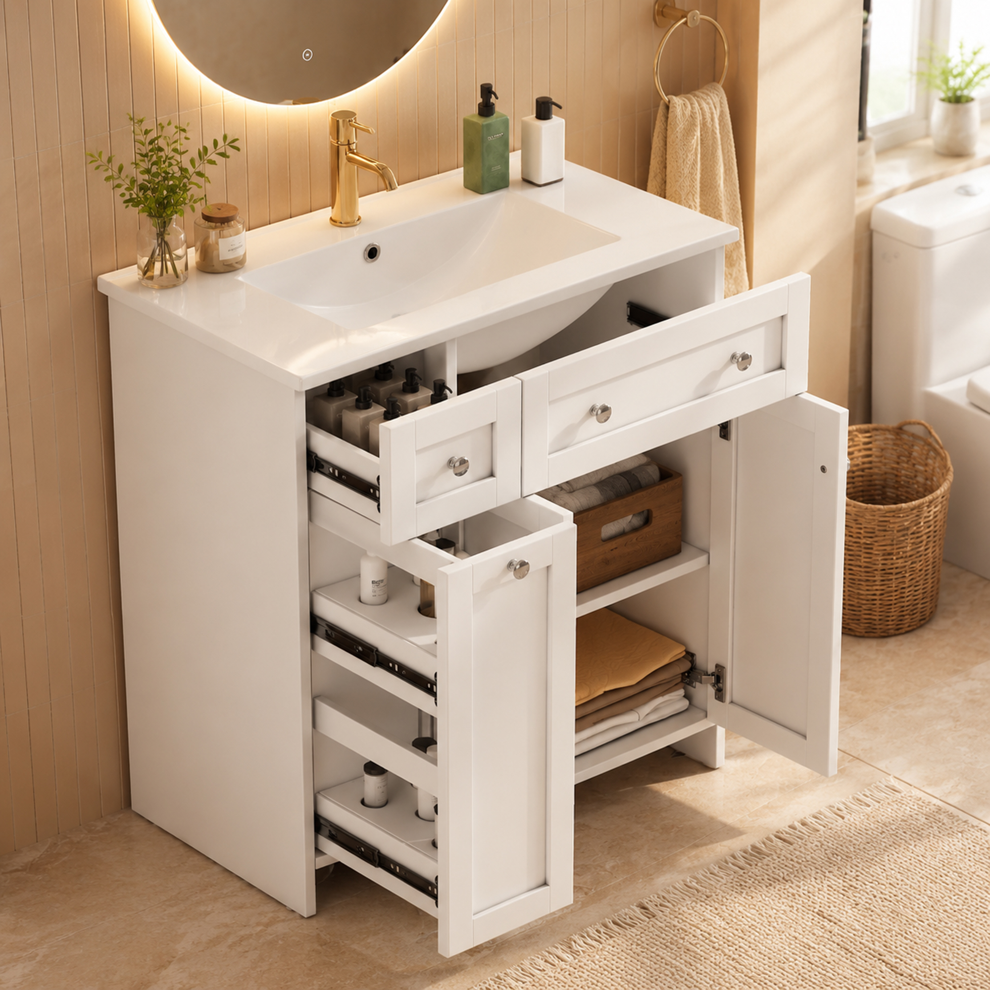 Freistehender Badezimmerwaschtisch 76x47x86 Cm Mit Keramikbecken, Weiß, 3 Schubladen + Schrank