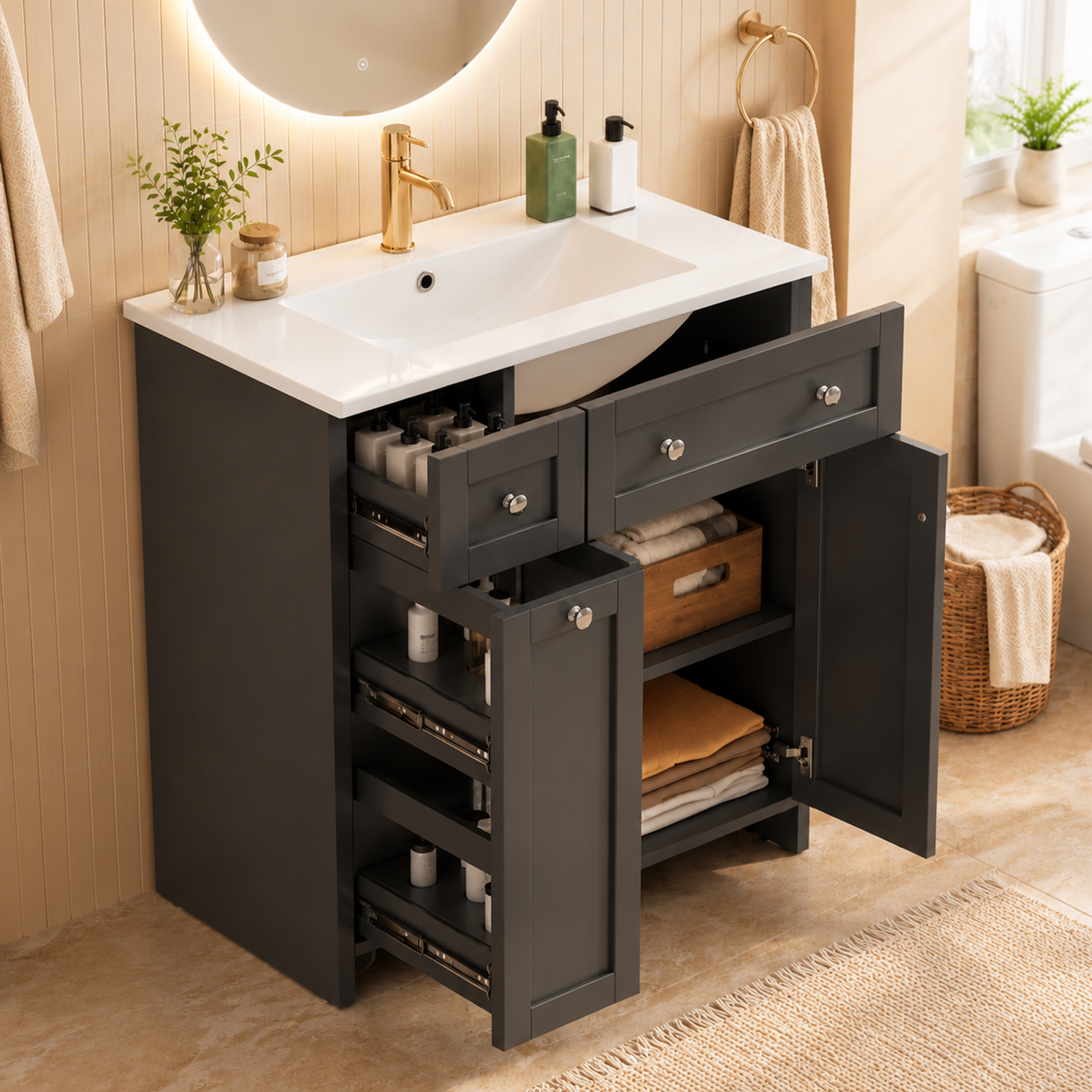 76 Cm Freistehender Badezimmerwaschtisch Schwarz Mit 3 Schubladen, Schrank & Keramikbecken