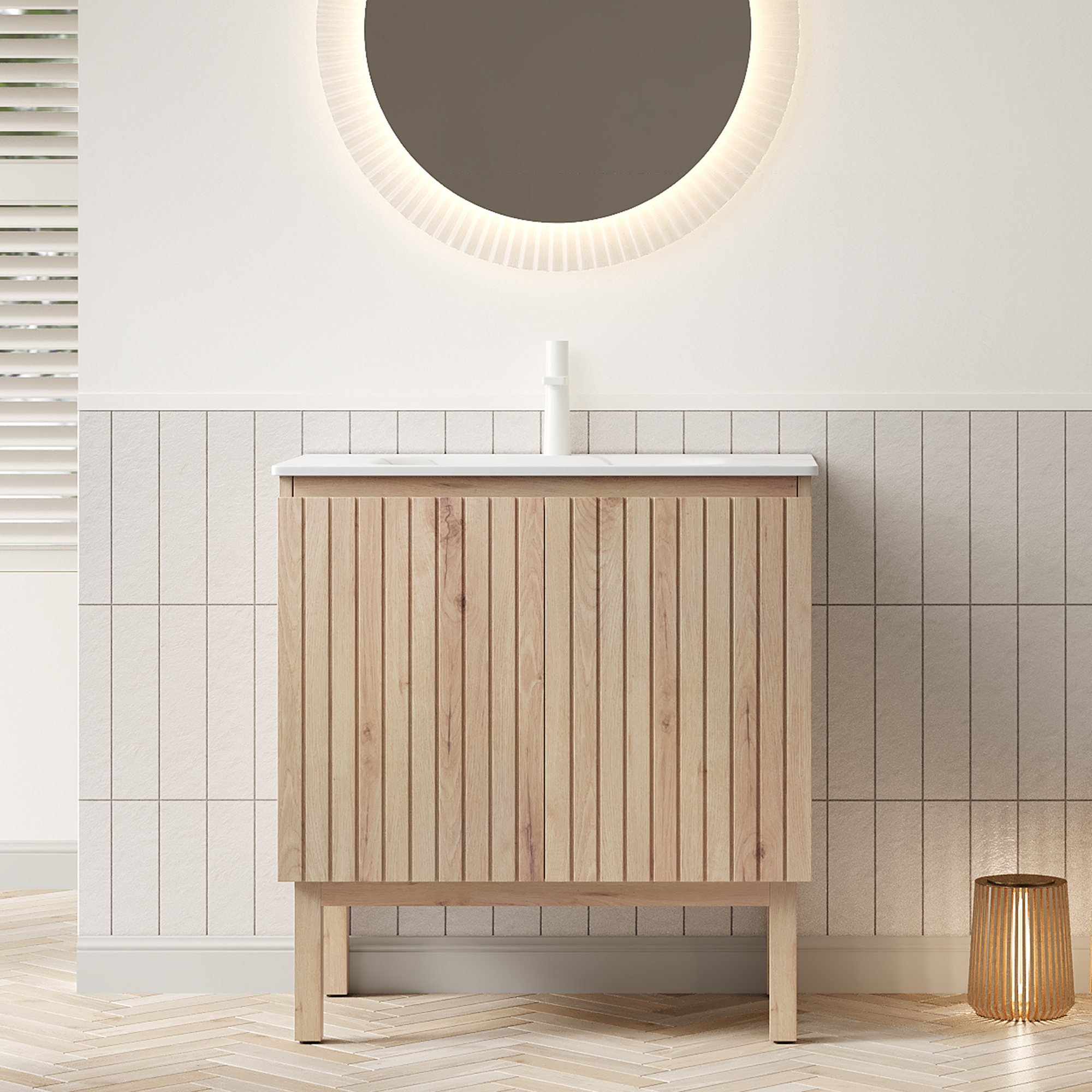 Niko 80cm Freistehender Waschtisch, Sintersteinbecken Carrara-weiß, Schrank Mit 2 Türen & Regal