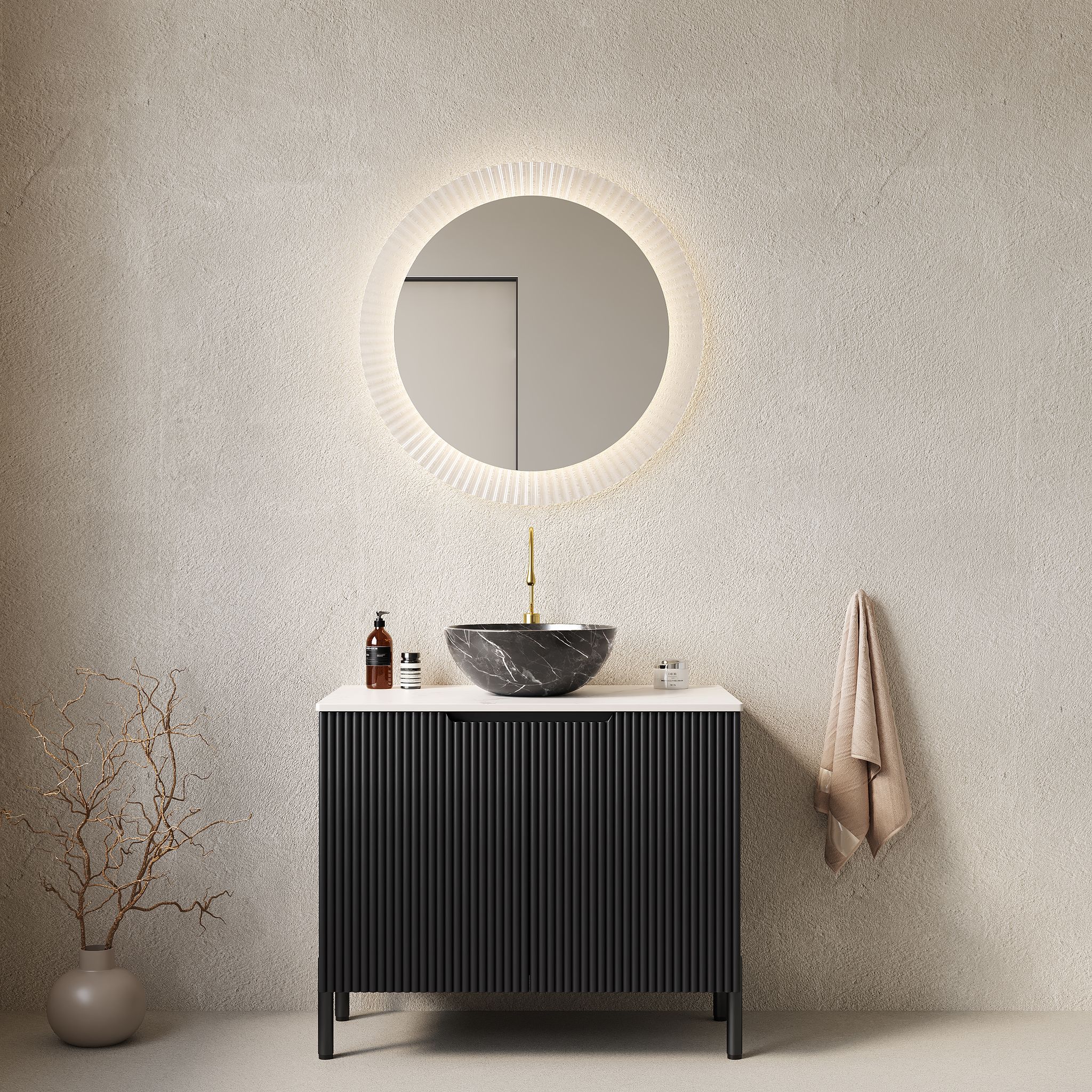 76cm Freistehender Waschtisch, Schüsselbecken Mit Steinmuster Schwarz, Sinterstein Carrara-weiß, Schrank