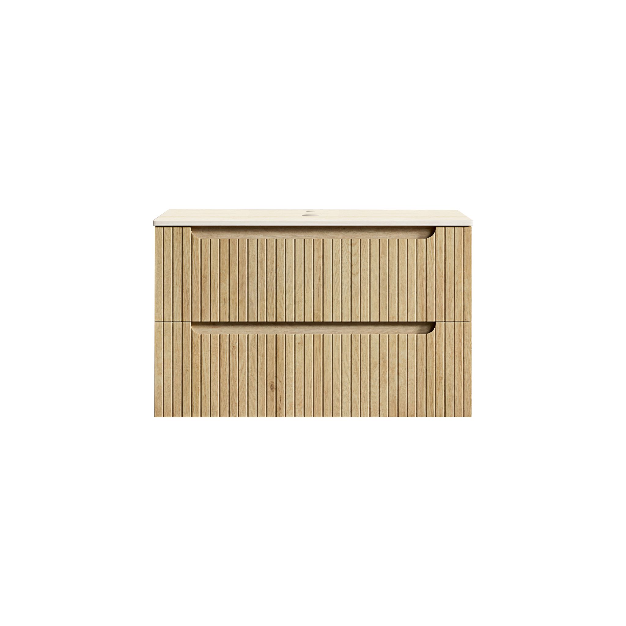 80cm Schwebender Badezimmerschrank, Sinterstein, 2 Schubladen, Ohne Waschbecken, Eiche Hell