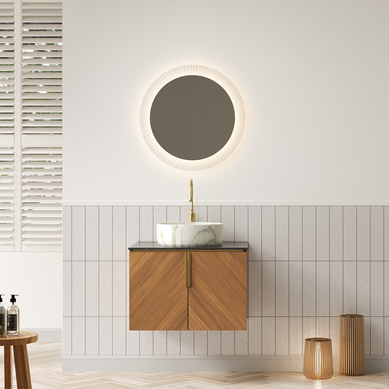 61cm Wand-waschtisch, Rundes Keramikbecken Mit Steinmuster, Sinterstein Schwarz, Schrank