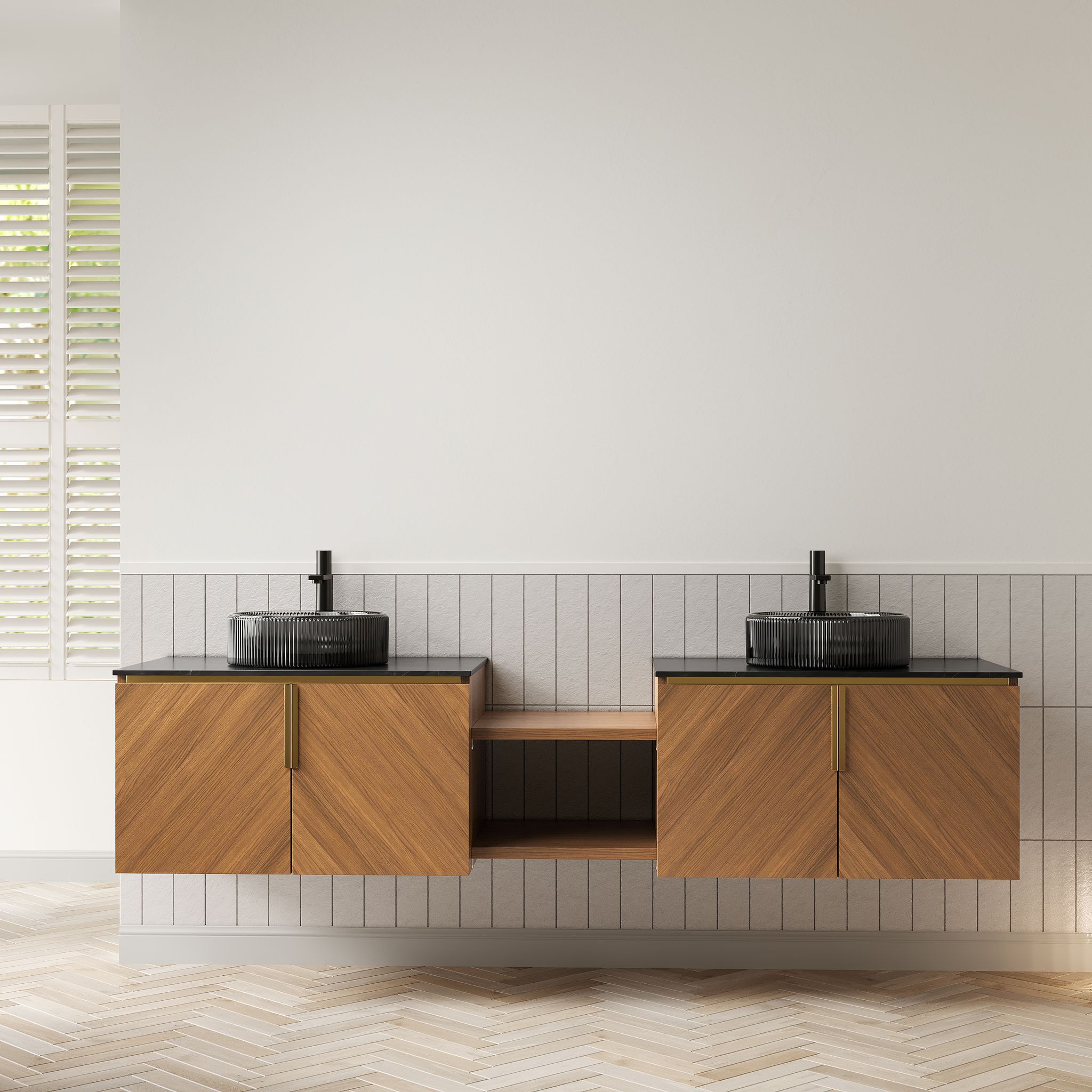 192cm Wand-doppelwaschtisch, 2 Glasbecken Schwarz Transparent, Sinterstein Schwarz, Schrank Mit 4 Türen, Eiche Braun