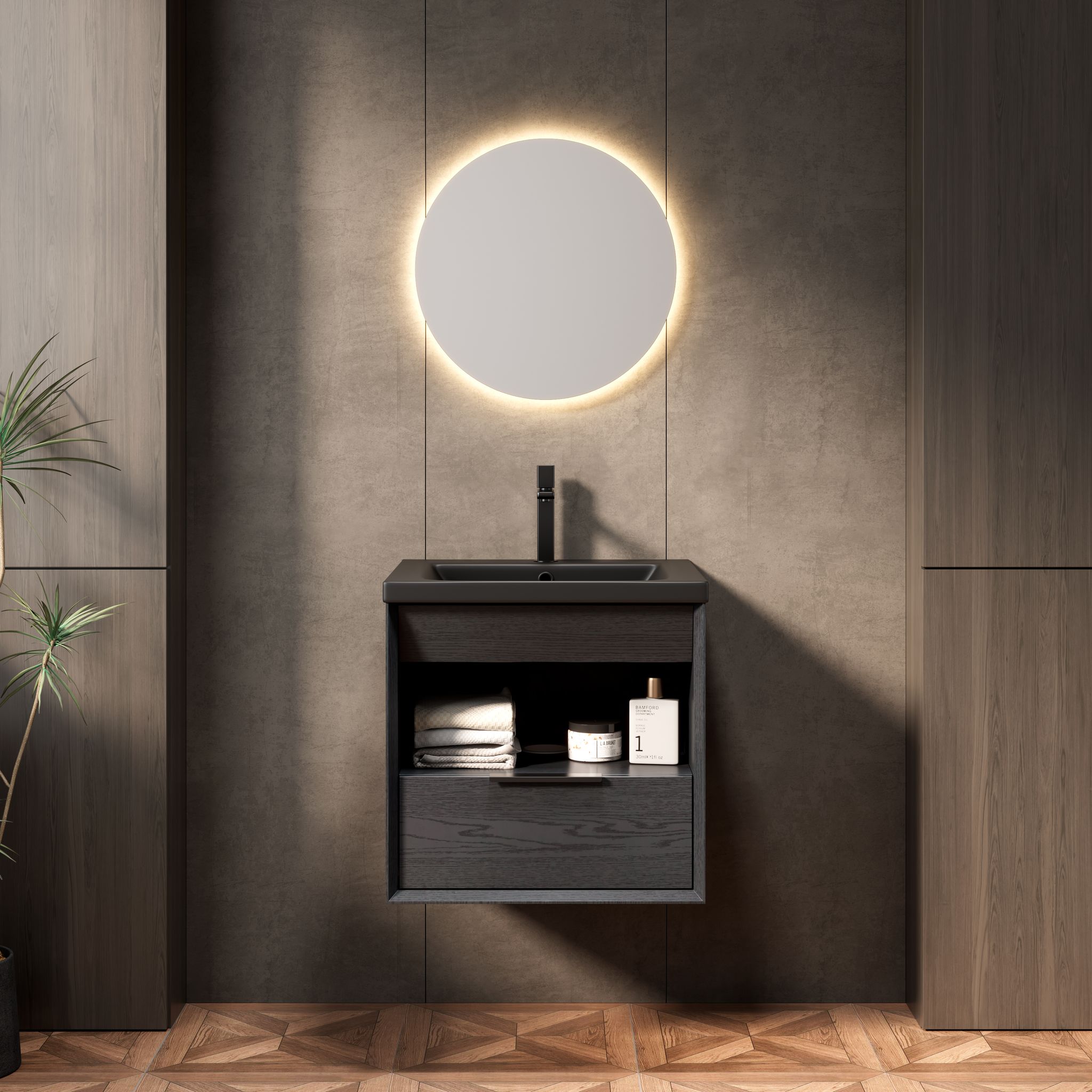 51cm Schwebender Waschtisch, Integriertes Keramikbecken, Schrank Mit Regal & Schublade, Vormontiert, Schwarz
