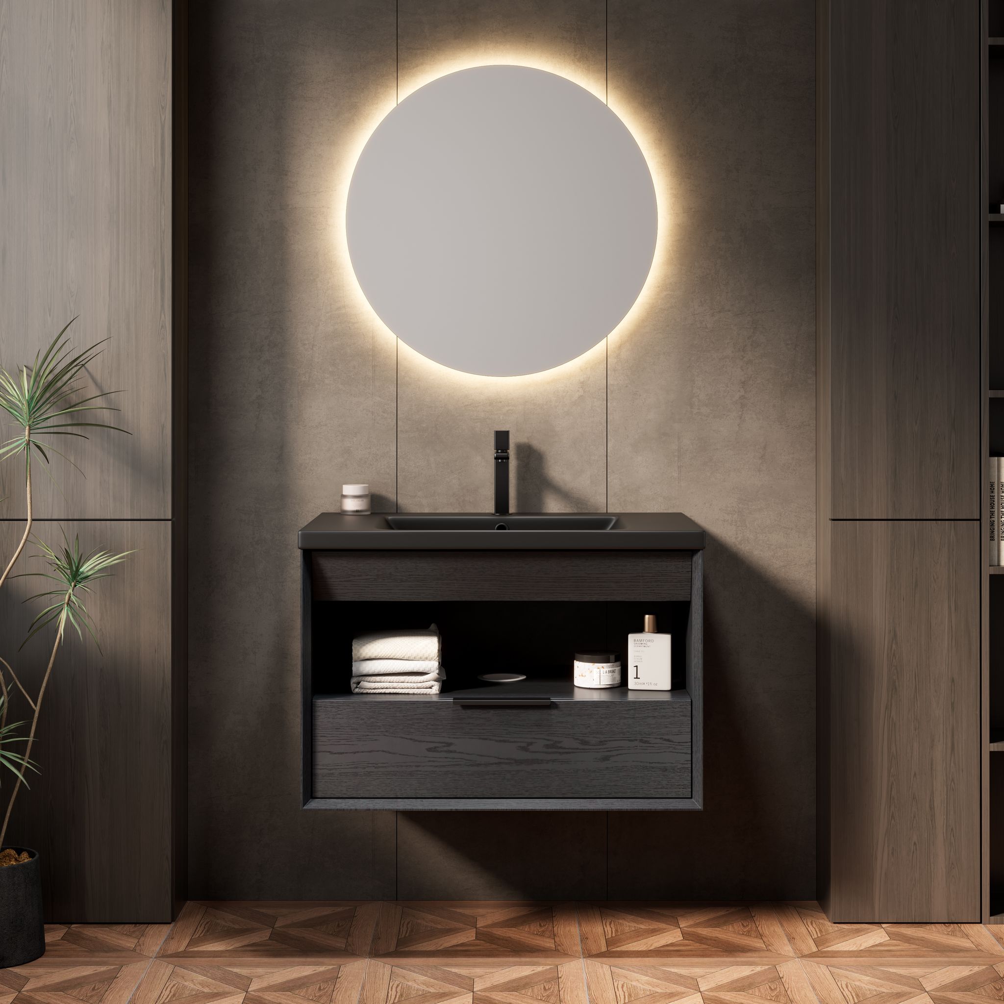 75cm Schwebender Waschtisch, Integriertes Keramikbecken, Schrank Mit Regal & Schublade, Vormontiert, Schwarz