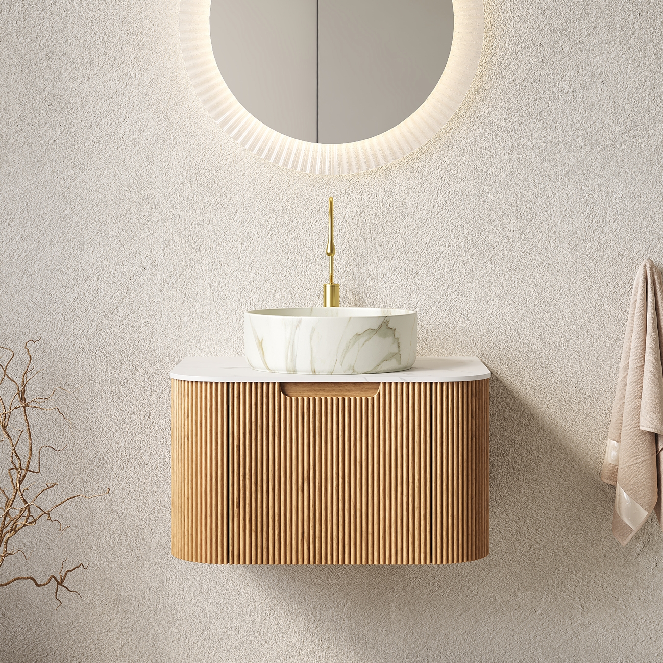 61cm Hänge-waschtisch, Rundes Keramikbecken Mit Steinmuster, Carrara-weiß, Schrank Mit Schublade