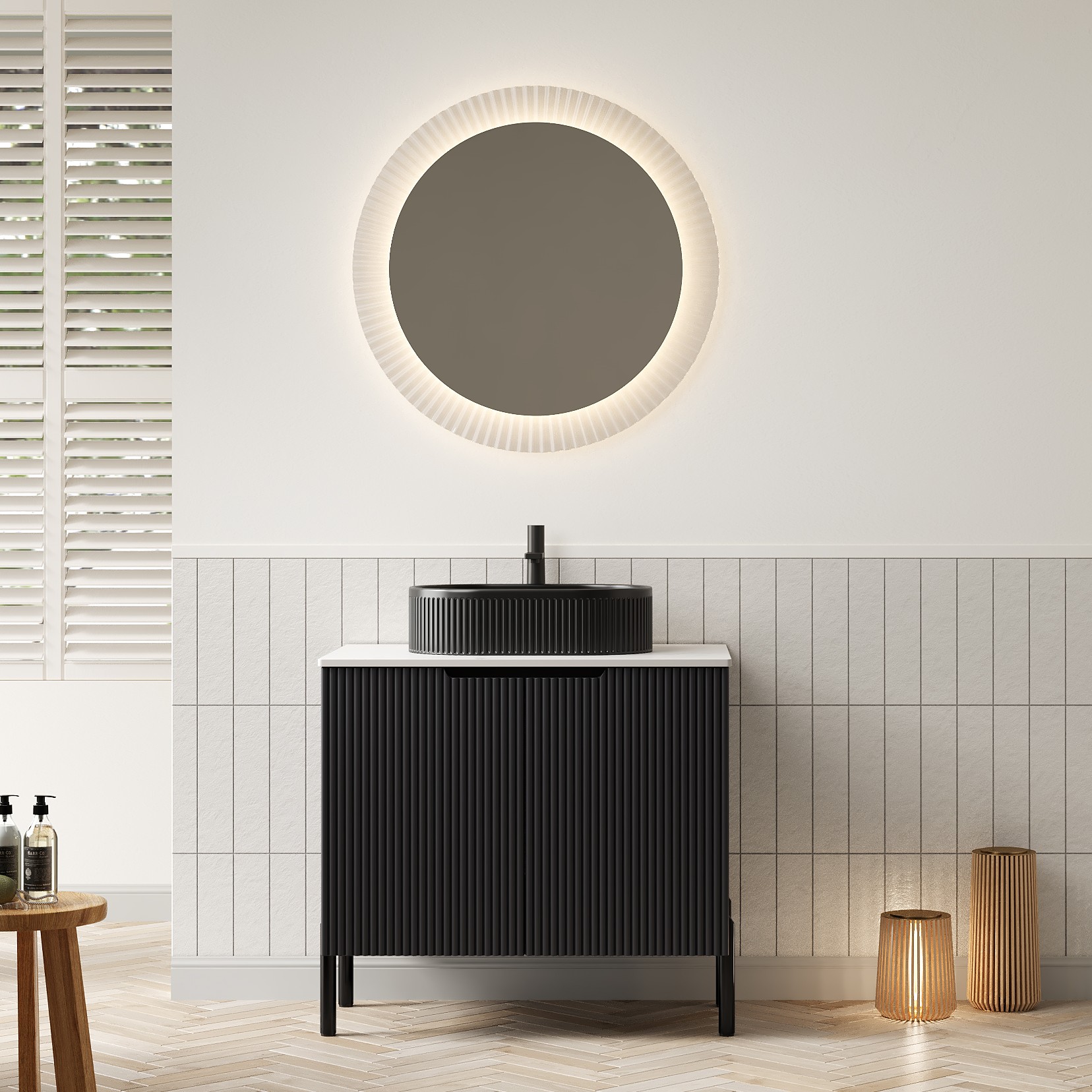 76cm Freistehender Waschtisch, Ovales Keramikbecken Schwarz, Sinterstein Carrara-weiß, Schrank
