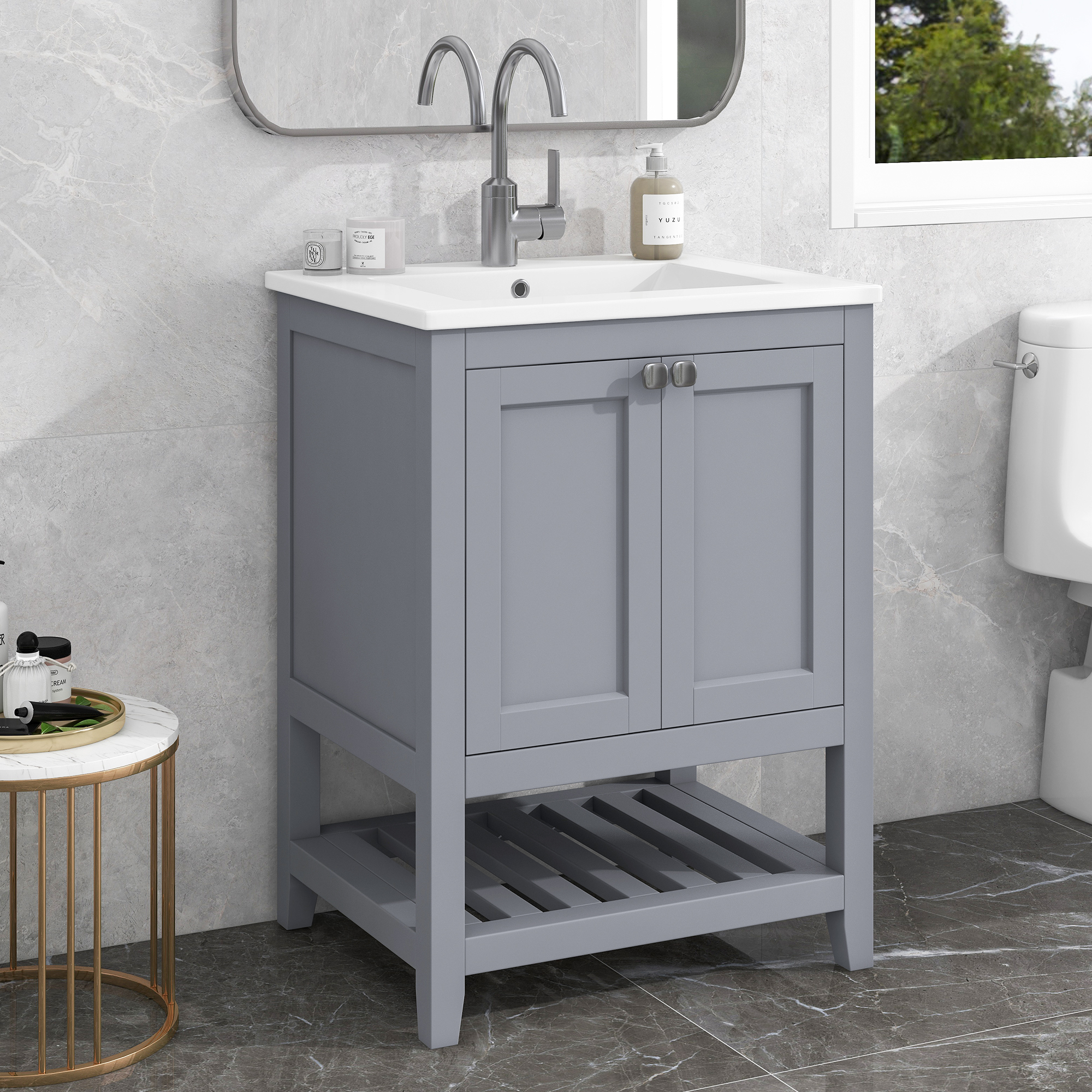 60 Cm Waschtisch Mit Unterschrank & Keramik-waschbecken, Hellgrau