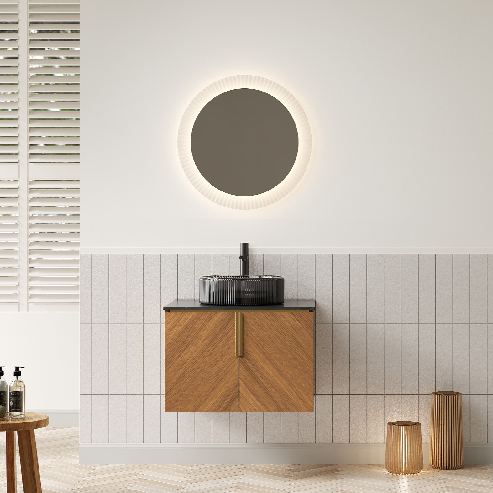 61cm Wandwaschtisch Mit Schwarzem Glasbecken, Sinterstein-arbeitsplatte & Sperrholzschrank, Braun-eiche