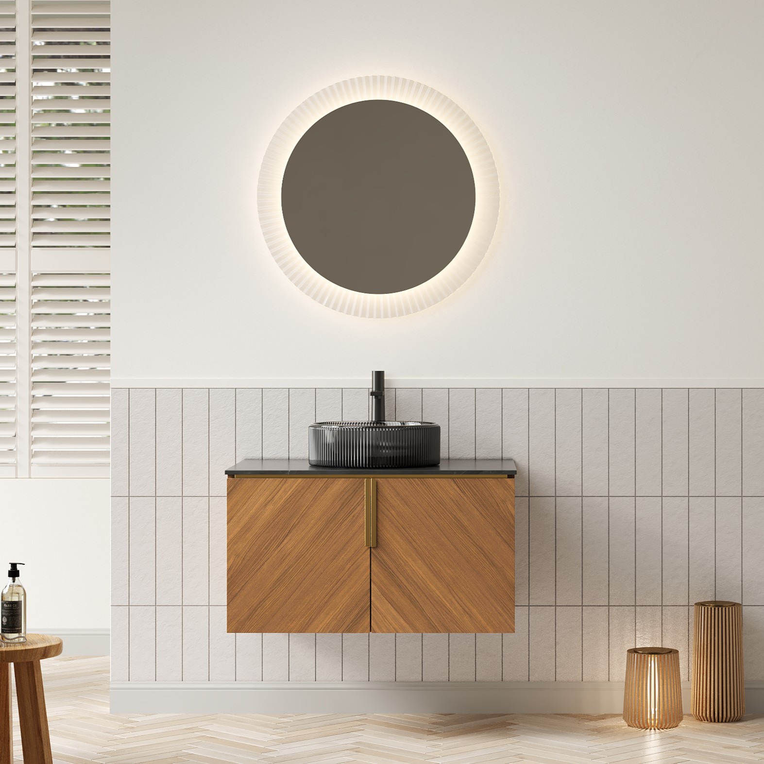 76cm Wandwaschtisch Mit Schwarzem Glasbecken, Sinterstein-arbeitsplatte & Sperrholzschrank, Braun-eiche