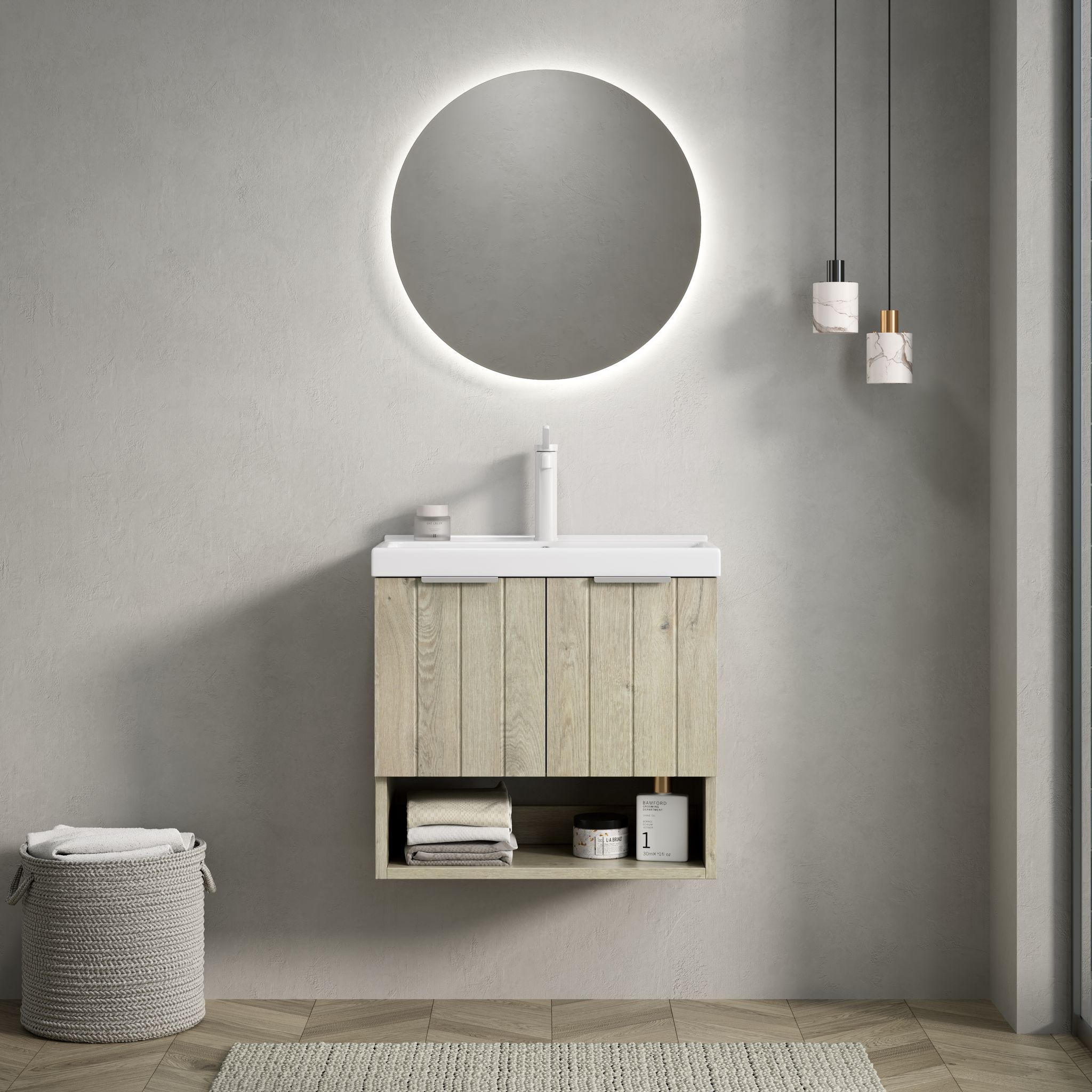 55cm Wandwaschtisch Mit Weißem Keramikbecken, Schrank Mit Doppeltüren & Regal, Creme-eiche