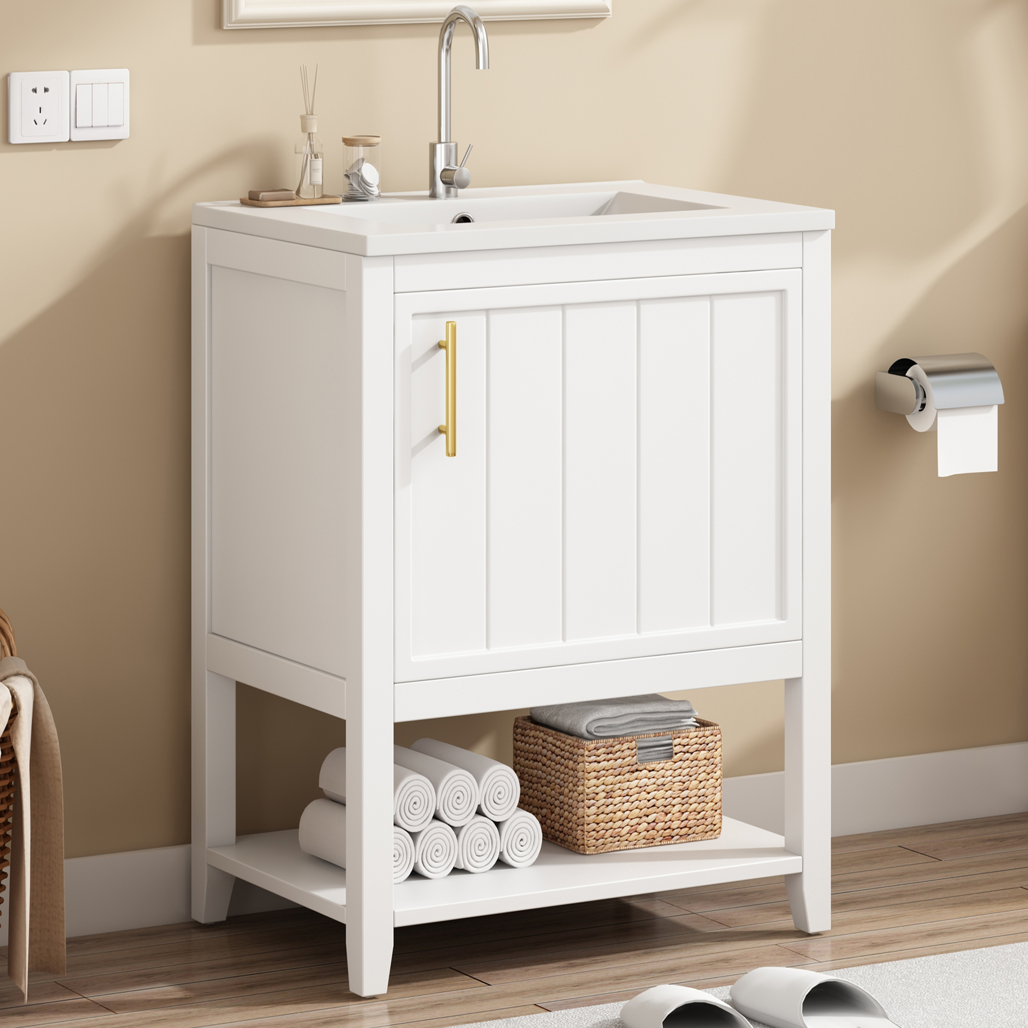 60 Cm Waschtischunterschrank Mit Keramikwaschbecken & Ablage, Weiß