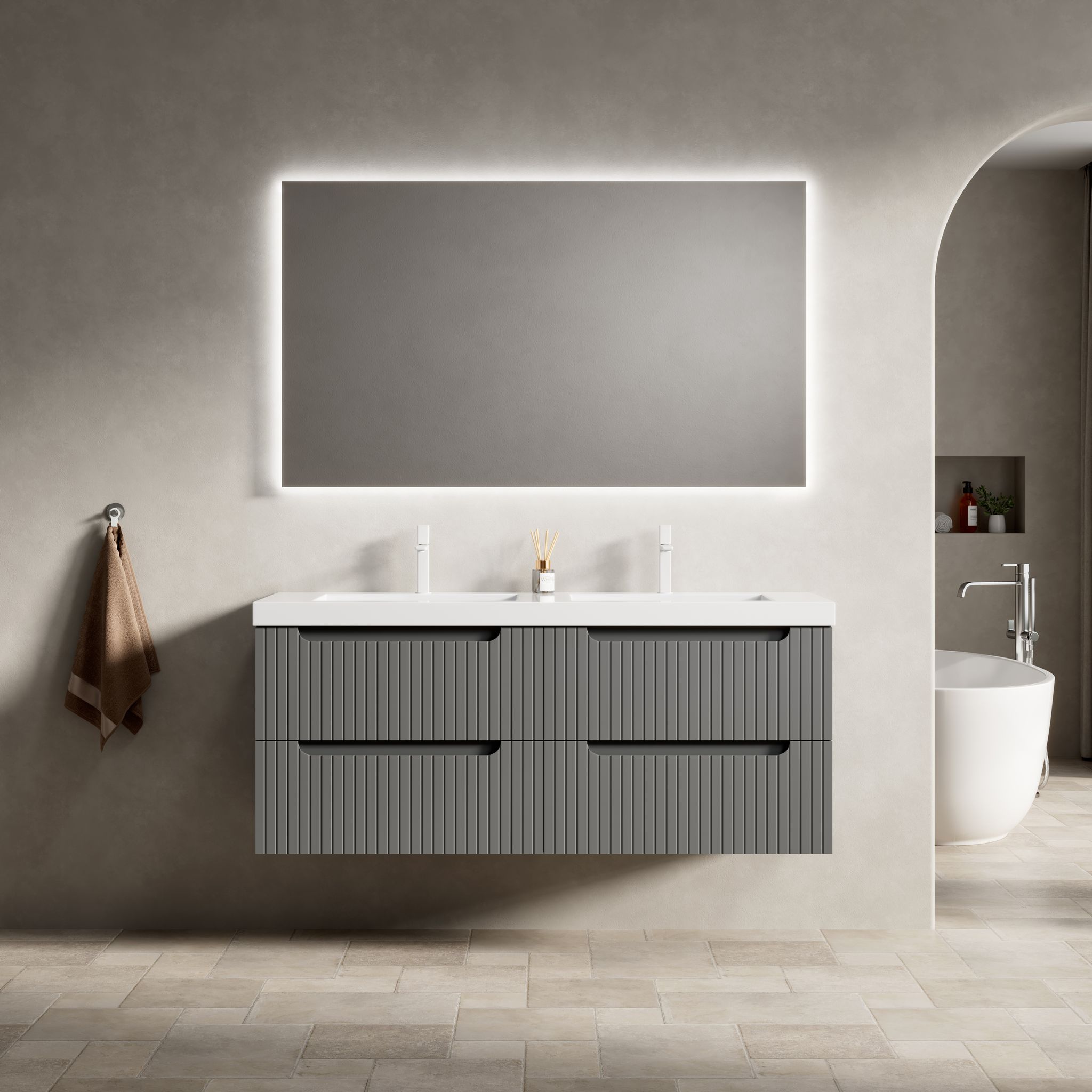 120 Cm Schwebender Waschtisch Dunkelgrau Mit 2 Kunststein-becken & 4 Schubladen, Sperrholz