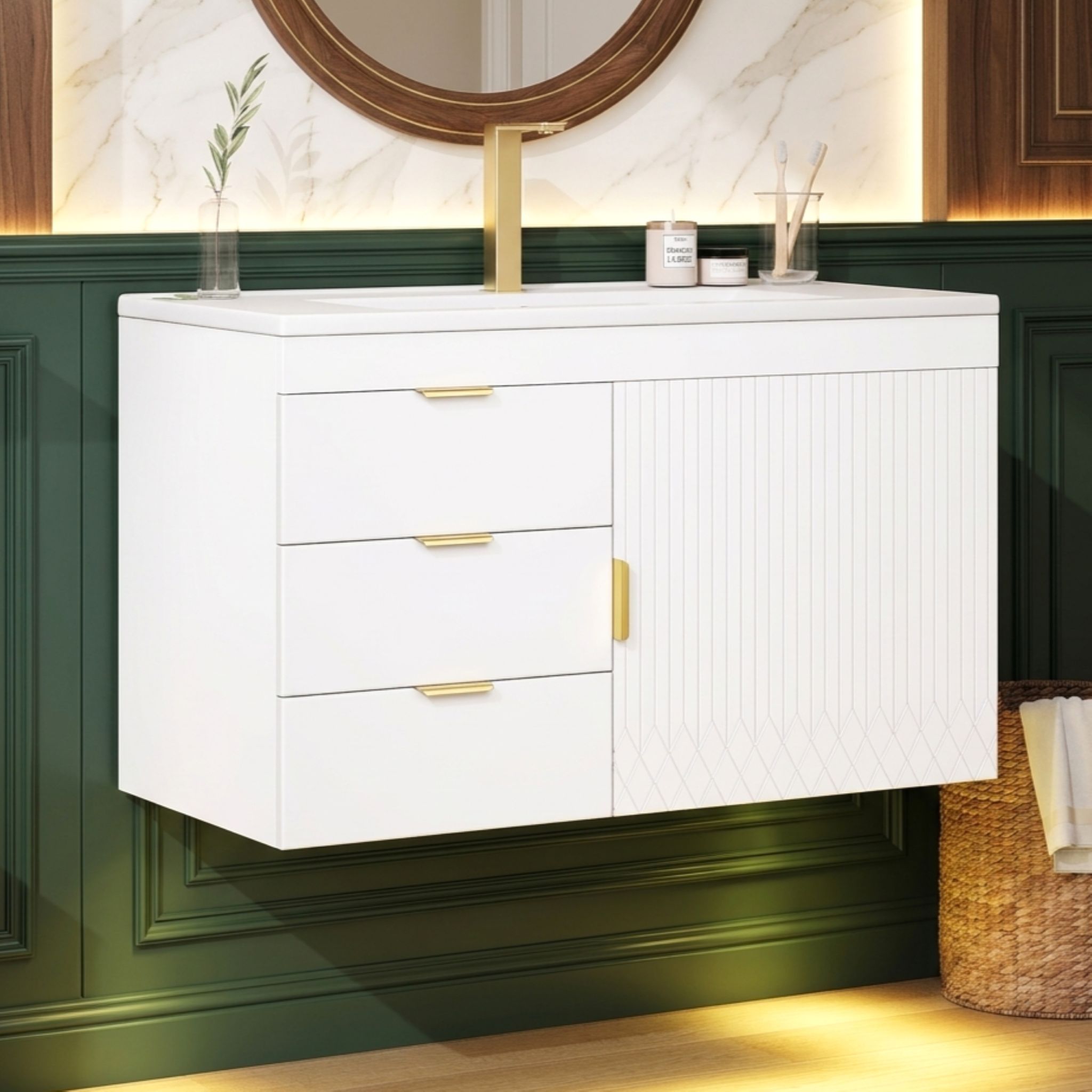Badezimmerschrank 76 Cm Mit Waschbecken, Wandhängend, Led & App, Weiß Holzmaserung, Ohne Hahn