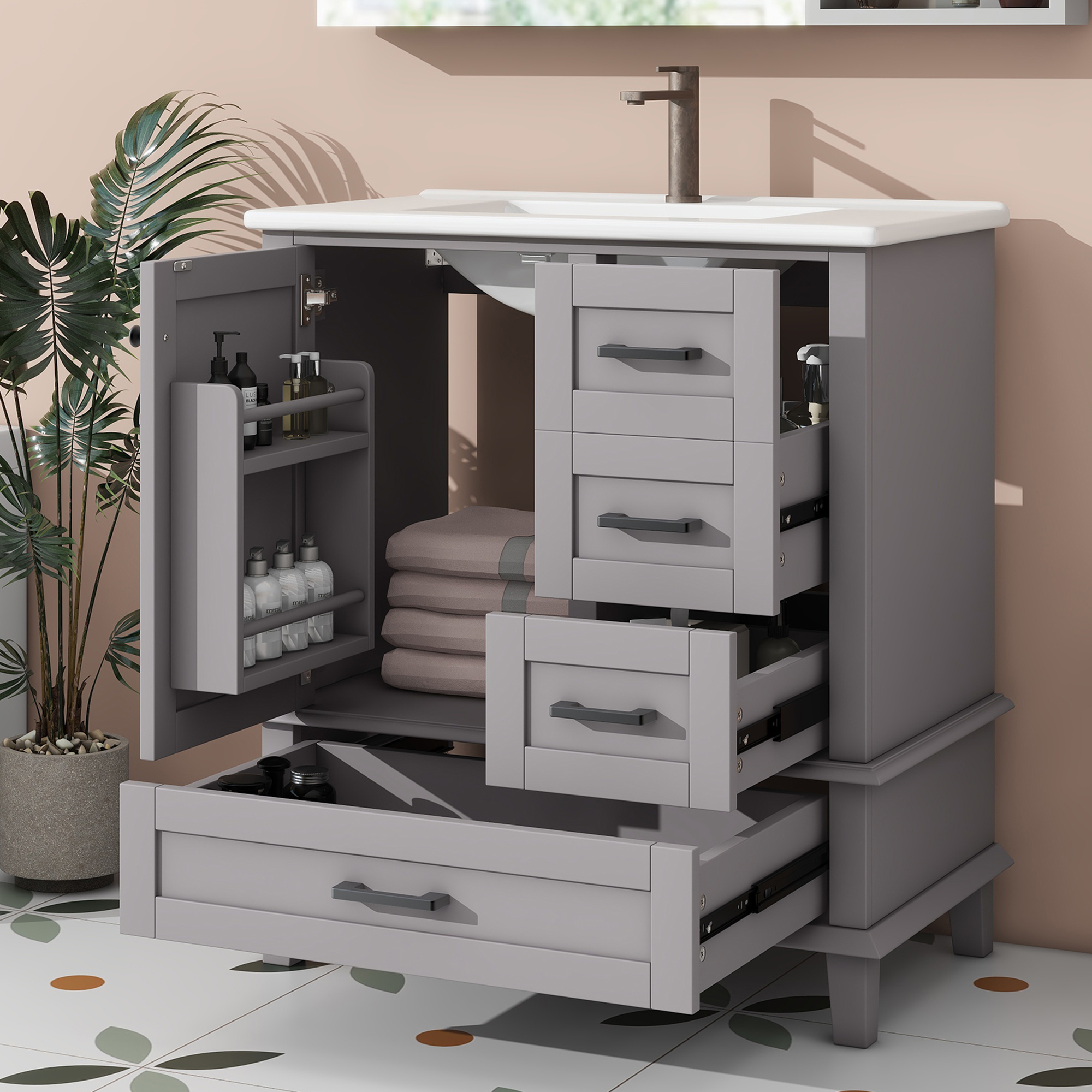76 Cm Bodenstehender Badezimmerschrank Grau Mit 3 Schubladen, Türregal & Keramikwaschbecken