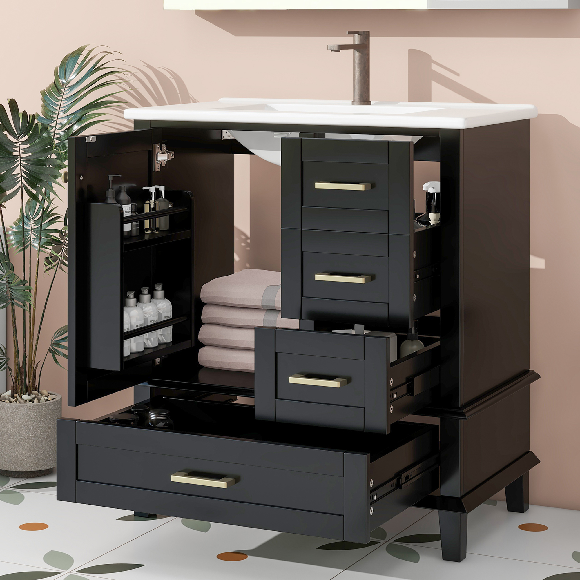 76 Cm Badezimmerschrank Schwarz Mit 3 Schubladen, Türregal & Keramikwaschbecken