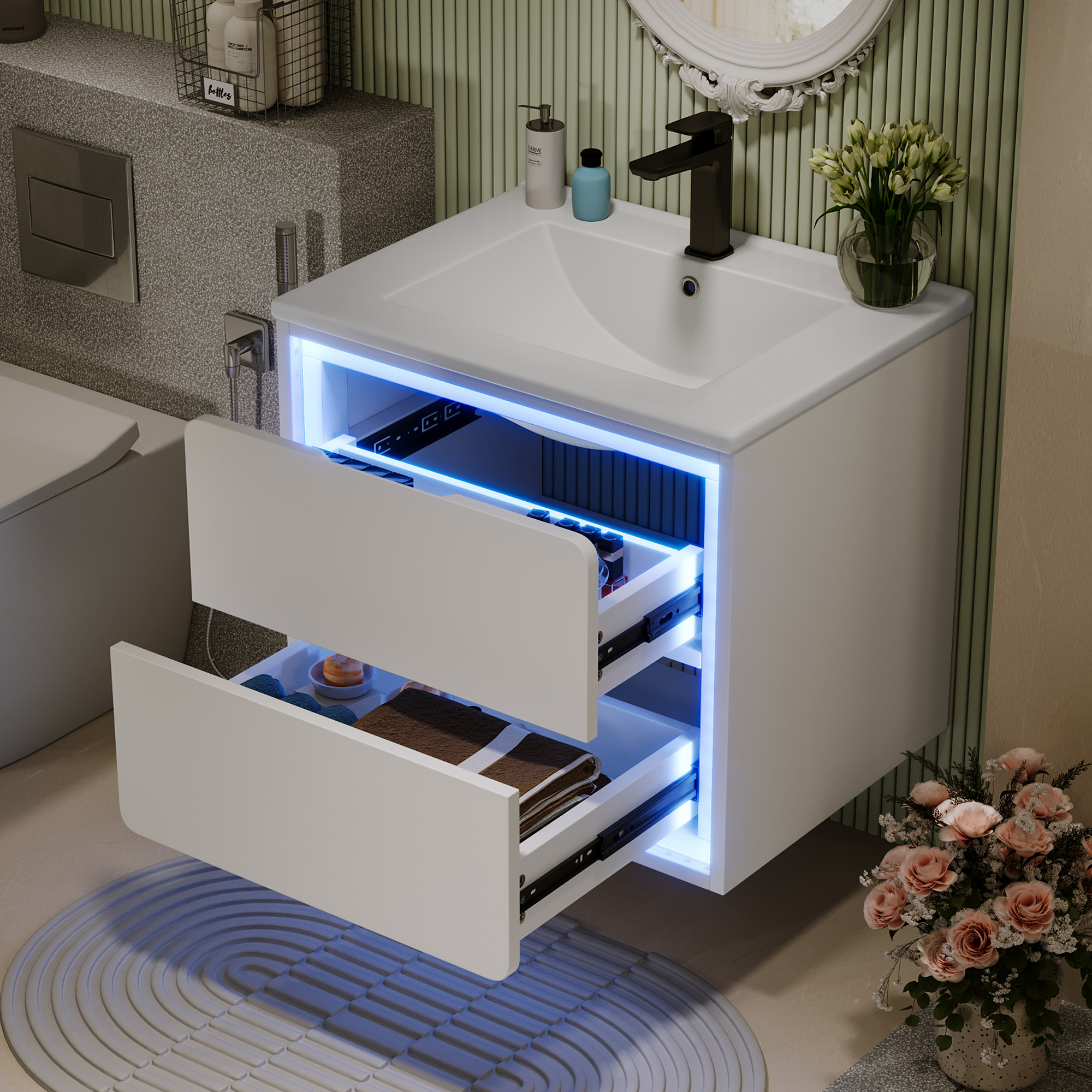 60 Cm Wandhängender Badezimmerschrank Weiß Mit Led-beleuchtung, 2 Schubladen & Waschbecken