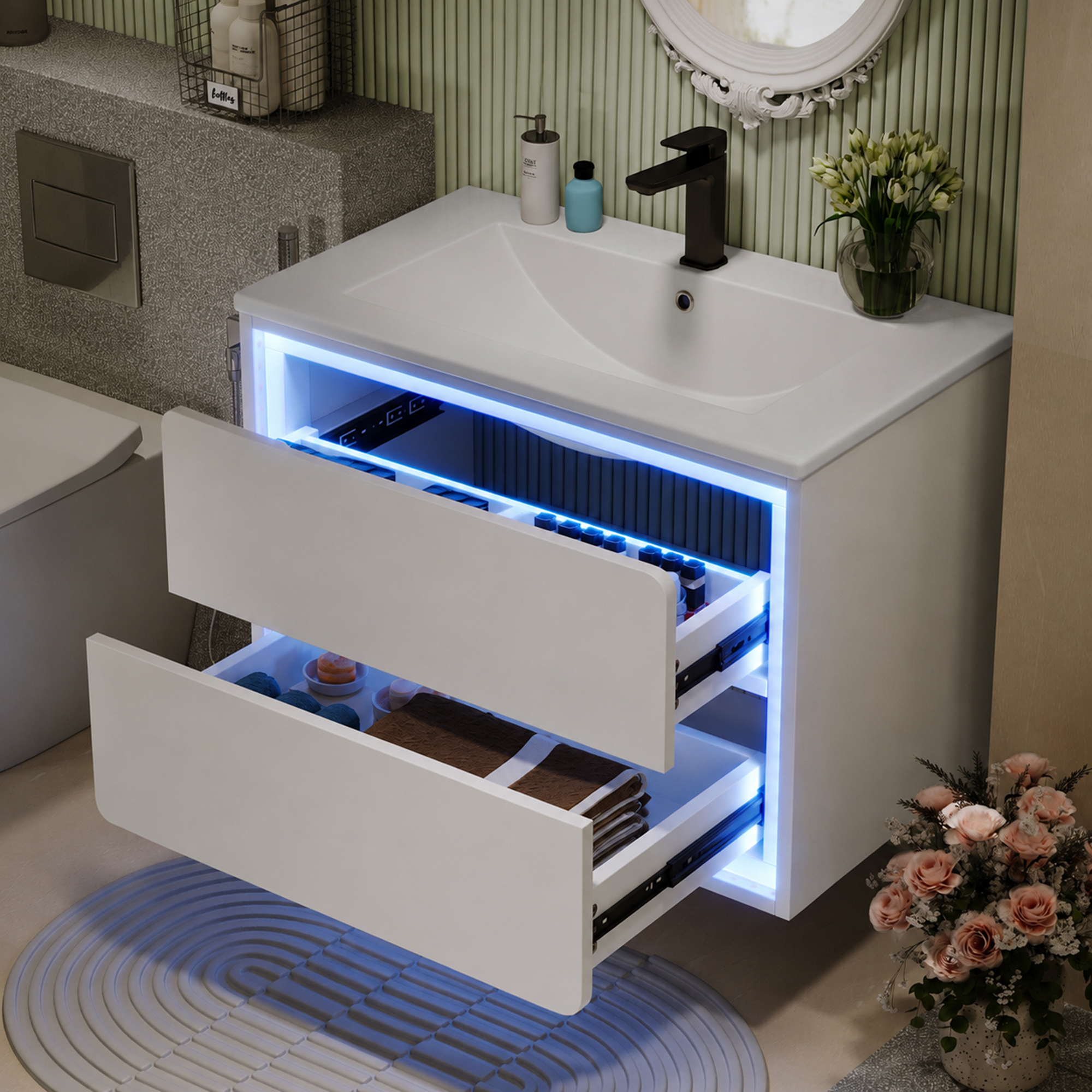 76 Cm Wandhängender Badezimmerschrank Weiß Mit Led-beleuchtung, 2 Schubladen & Waschbecken