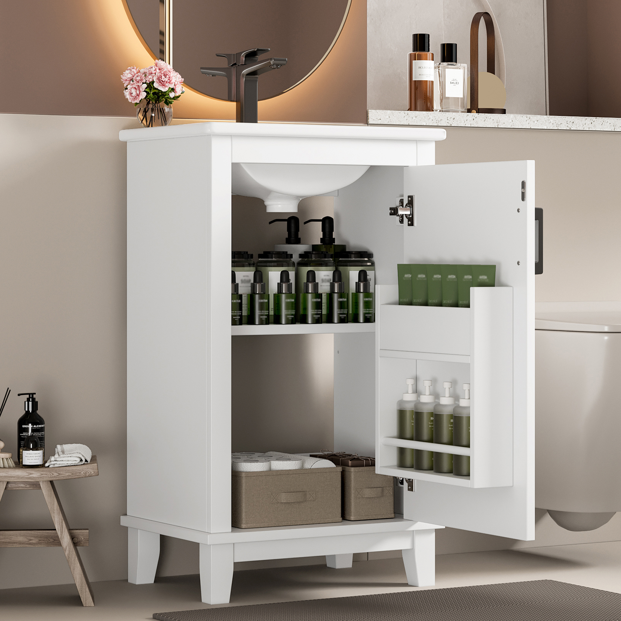 51 Cm Bodenstehender Badezimmerschrank Weiß Mit Türregalen & Keramikwaschbecken, Für Kleine Räume